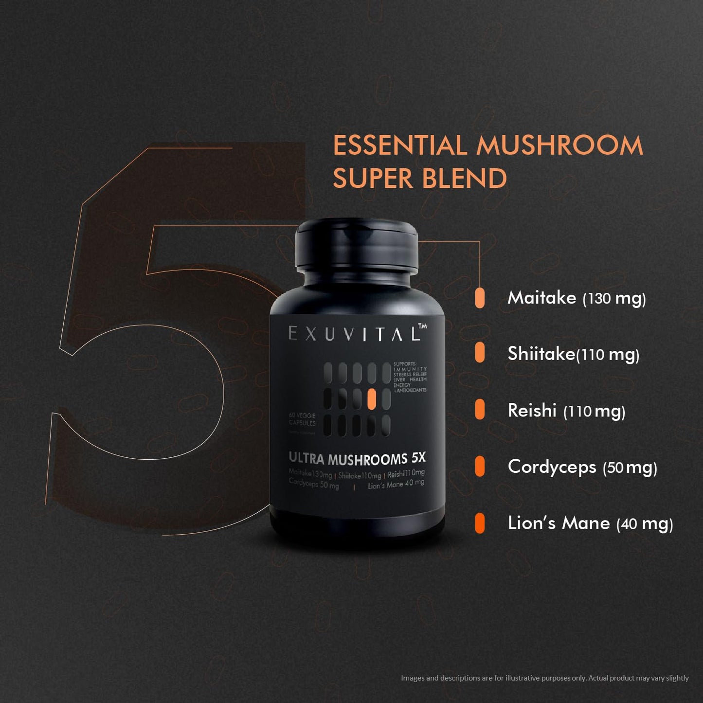 EXUVITAL 5 Mushroom Complex Lion’s Mane, Reishi, Cordyceps, Maitake & Shiitake – Immune Support, Energy & Stress Balance – Vegan, Non-GMO, Gluten Free – 60 Capsules