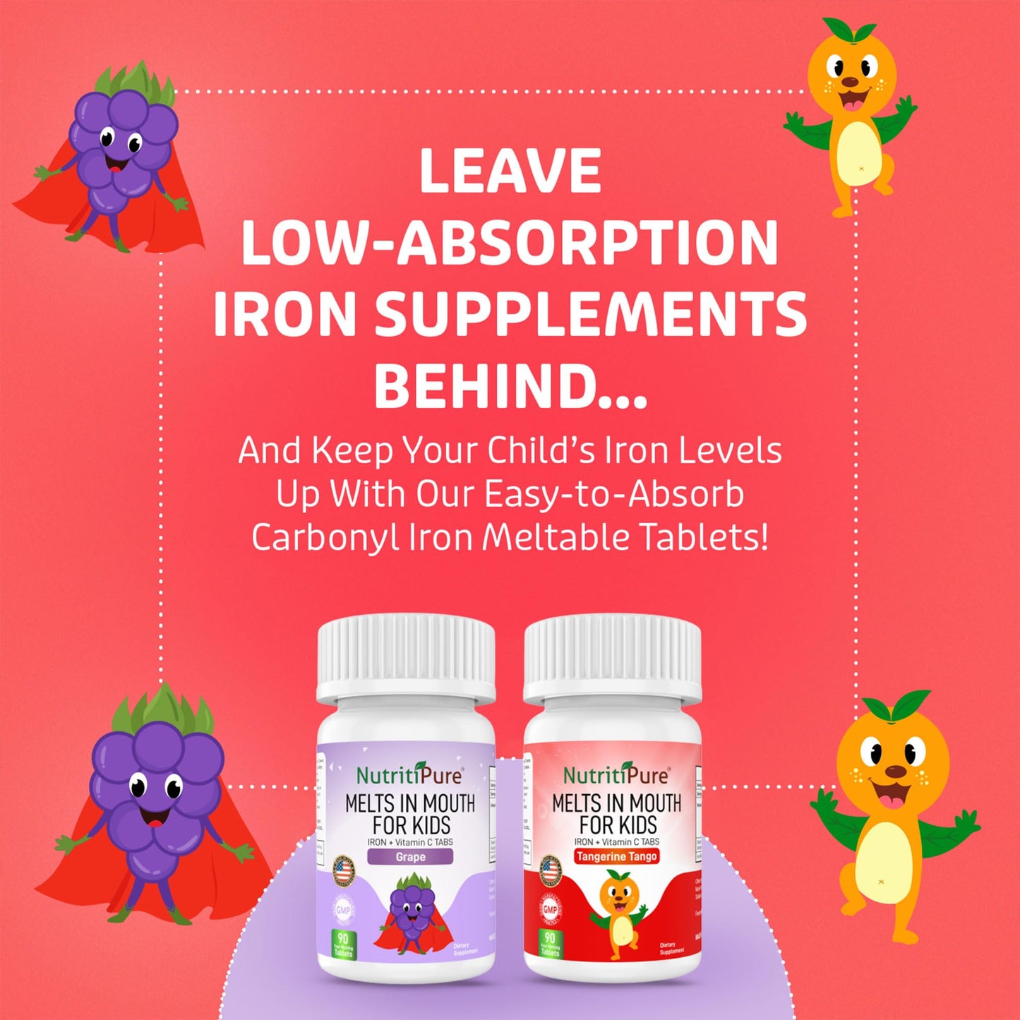 NutritiPure Kids Chewable Iron Supplement with Ferronyl Carbonyl Iron 9 mg and Vitamin C 30 mg, 90 Tablets