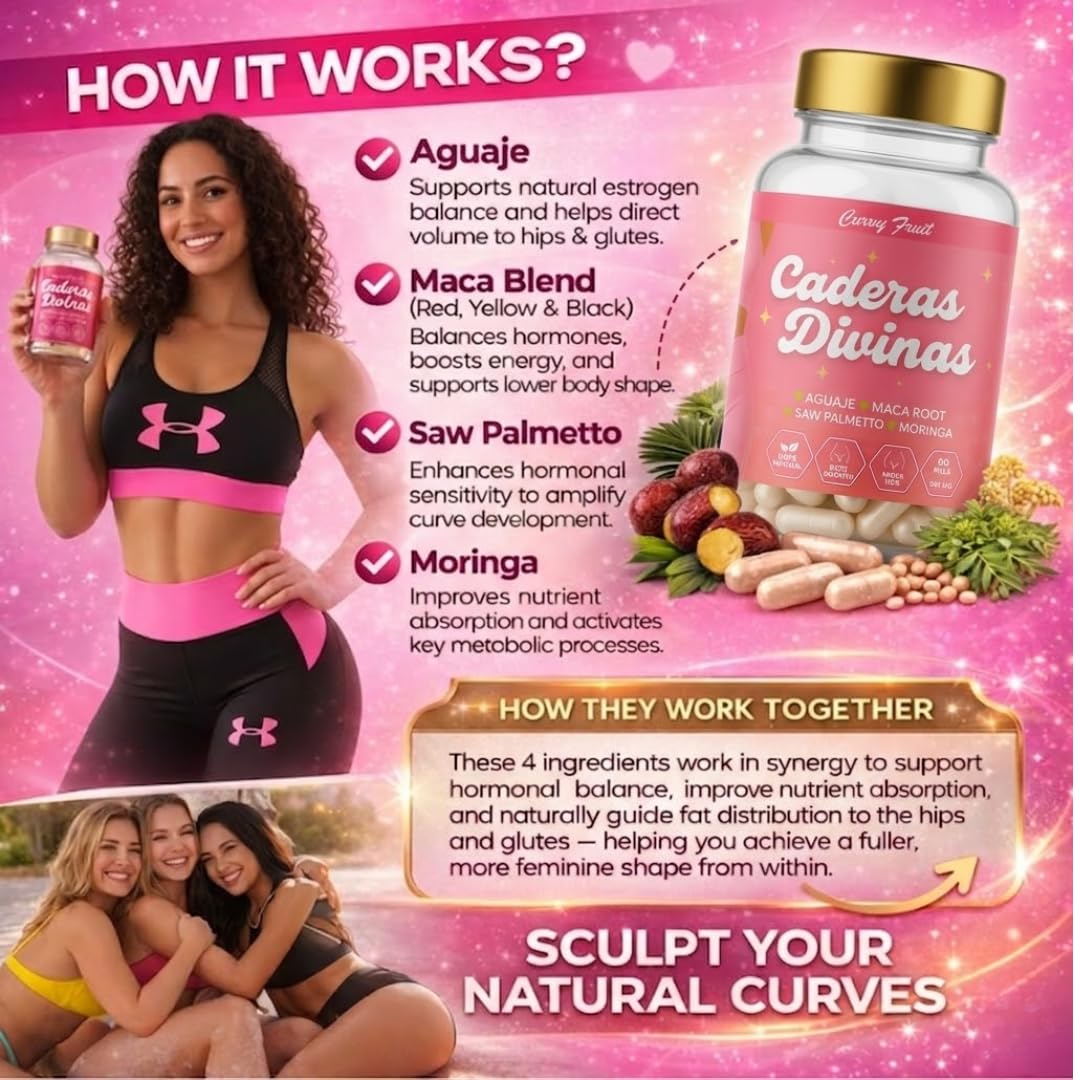 Curvy Fruit Caderas Divinas: Bigger Booty & Wider Hips – Aguaje + Maca Pills with Moringa & Saw Palmetto – 4 Super Ingredients for Natural Curve Growth, 120 Capsules
