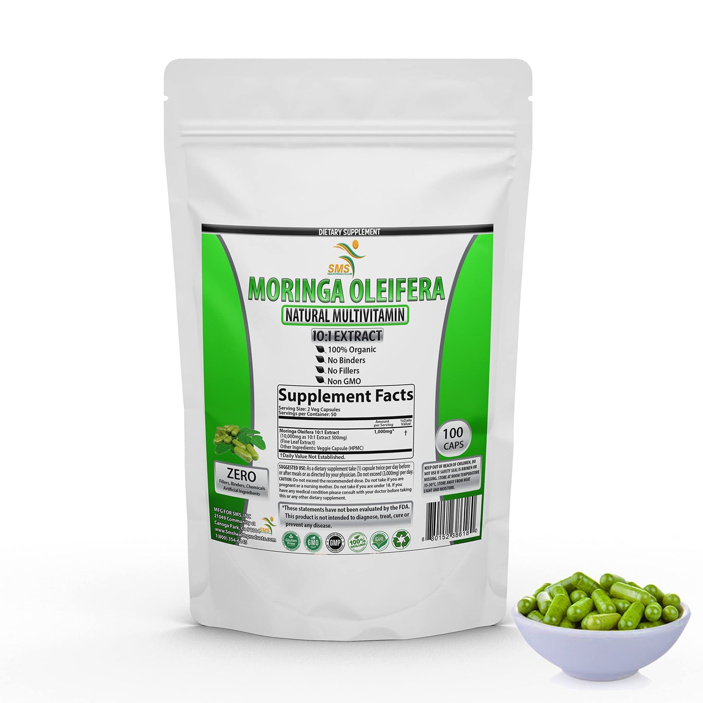 SMSHEALTHPRODUCTS.com Moringa Oleifera Capsules 100 Count