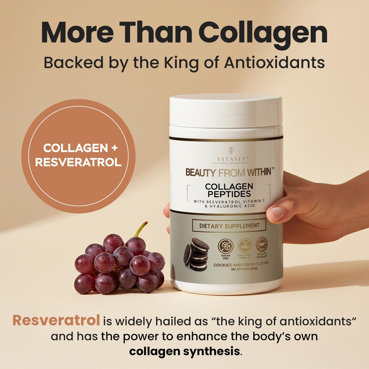 VITASEI Hydrolyzed Collagen Peptides Powder with Resveratrol & Vitamin C – Hair, Skin & Joint Support – Cookies & Cream Flavor, 16 oz