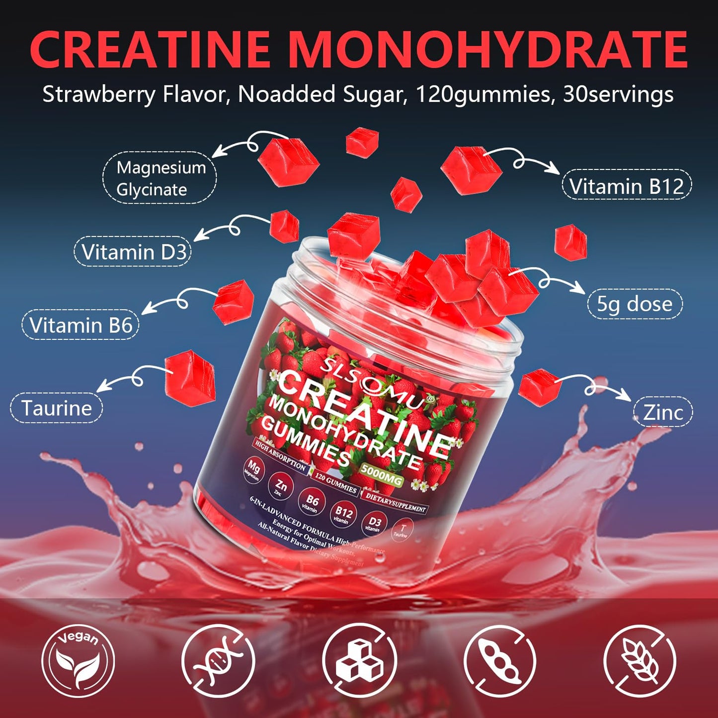 Slsomu Creatine Monohydrate 5000mg, 120 Gummies