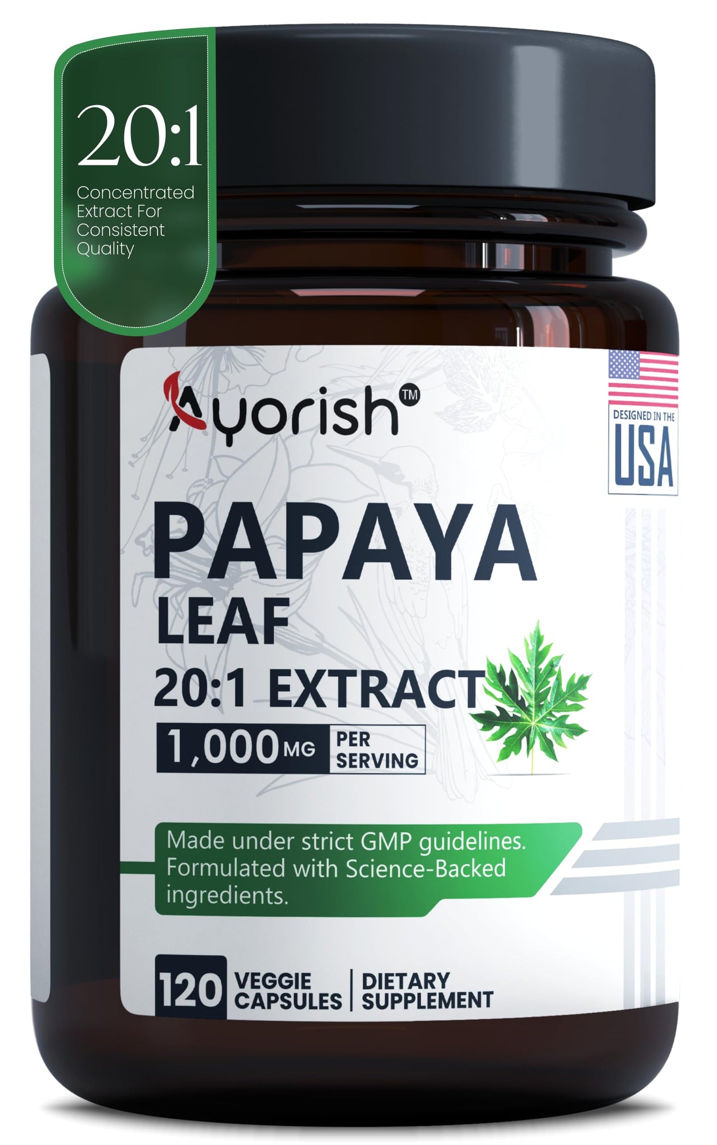 Ayorish Papaya Leaf Extract 1000mg Capsules, 120 Count