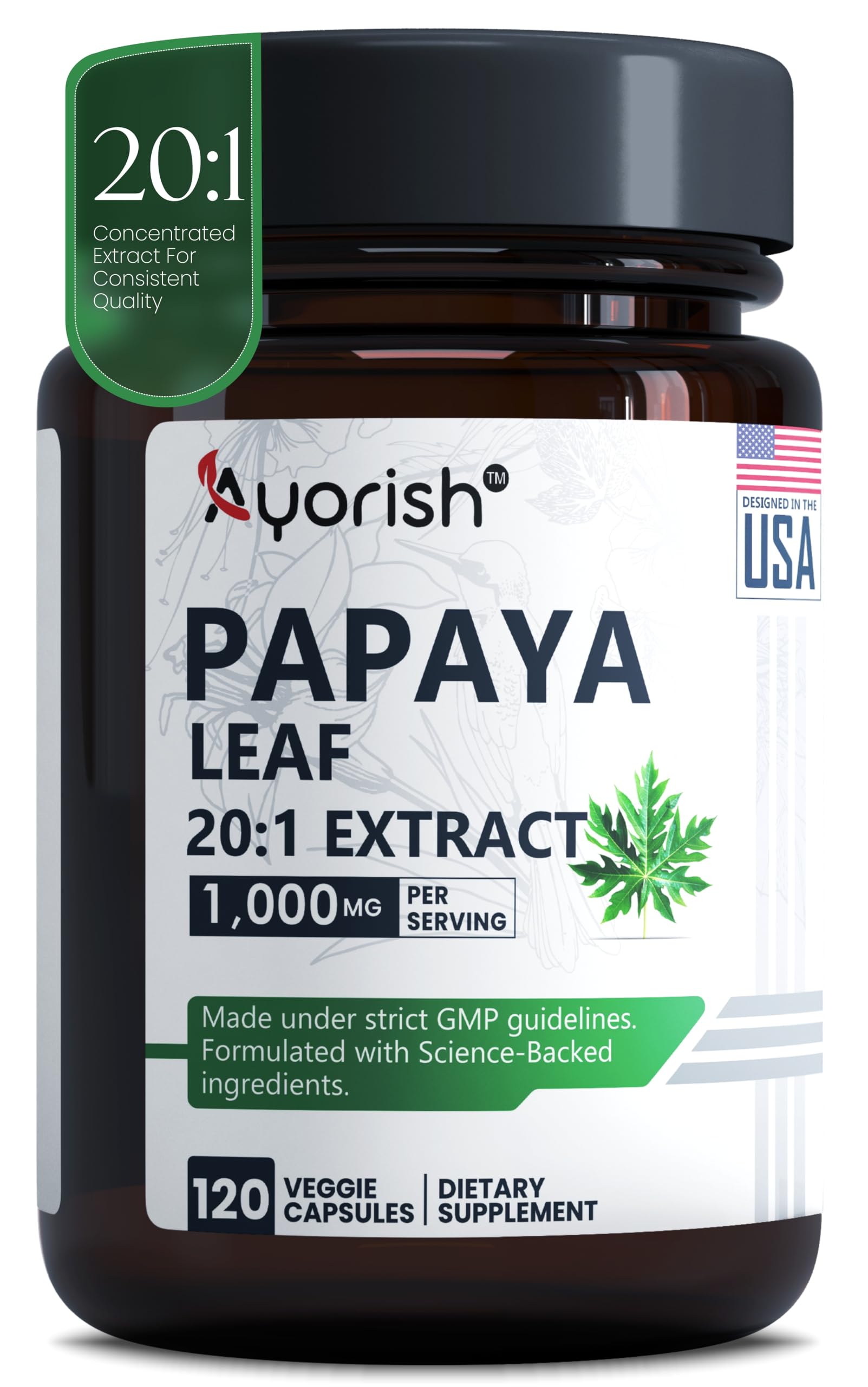 Ayorish Papaya Leaf Extract 1000mg Capsules, 120 Count