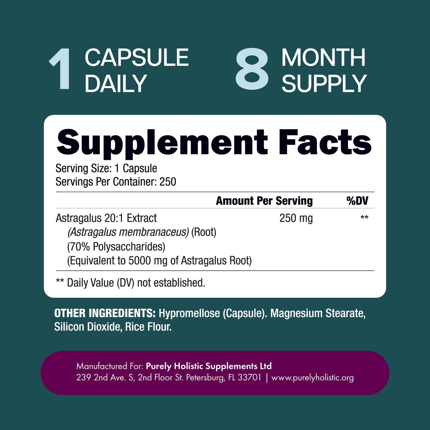 Purely Holistic Astragalus Root Capsules 250