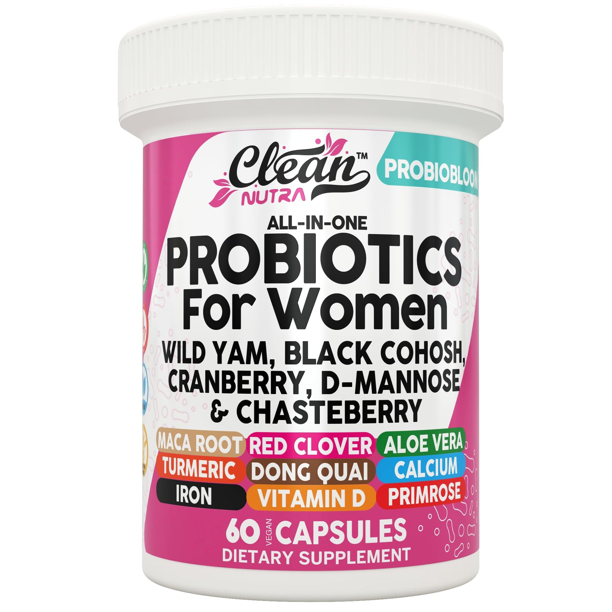Clean Nutraceuticals Probiotics for Women with D-Mannose, Cranberry Extract, Wild Yam, and Chasteberry, 20 Probiotic and Prebiotic Strains, pH Balance, Digestive Health, 60 Capsules