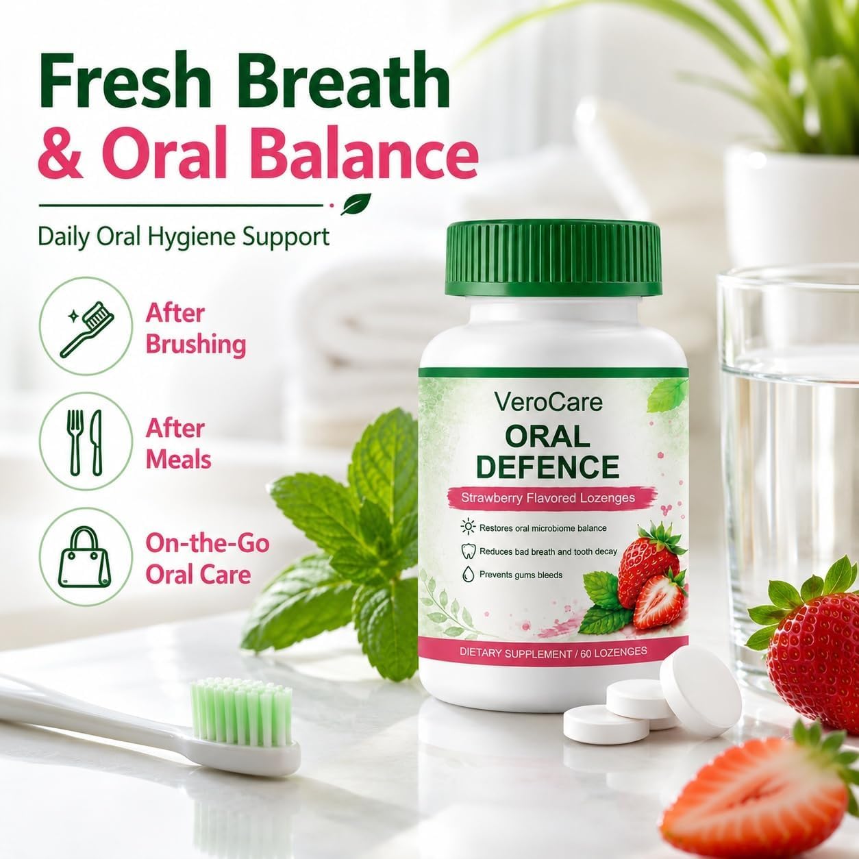 VeroCare Oral Defense Lozenges with Oral Probiotics, Hydroxyapatite, Xylitol & Lactoferrin, Alcohol-Free for Fresh Breath, Gum & Tooth Care, 60 Tablets