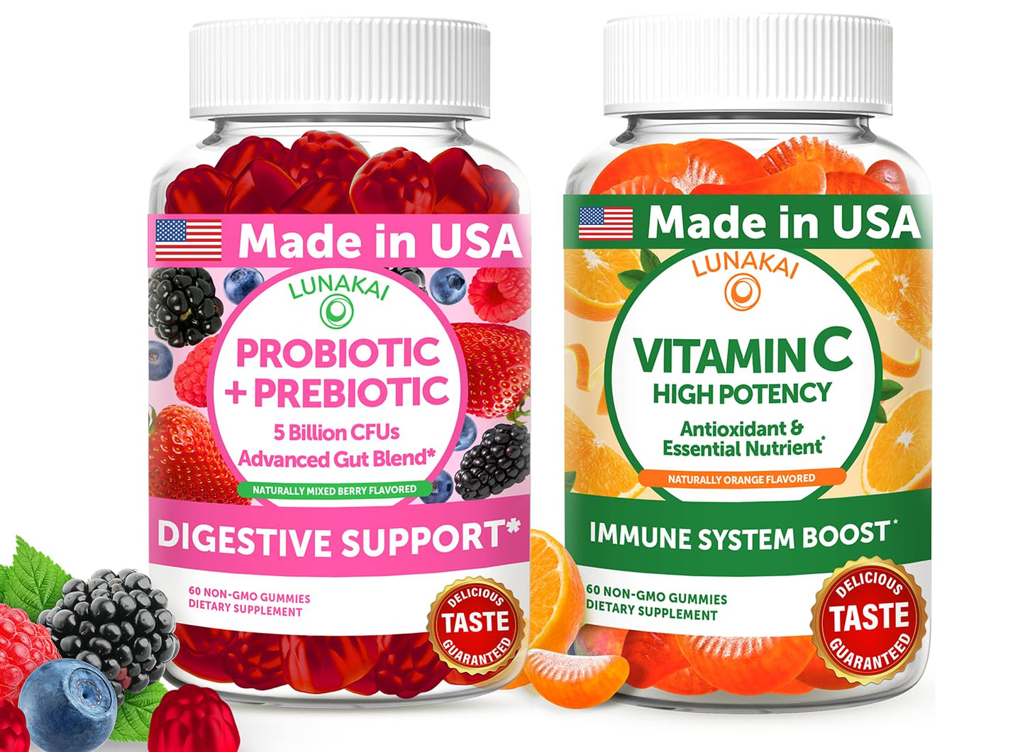 Lunakai Probiotic + Prebiotic & Vitamin C Gummies – Digestive Balance & Daily Antioxidant Support – 120 Gummies