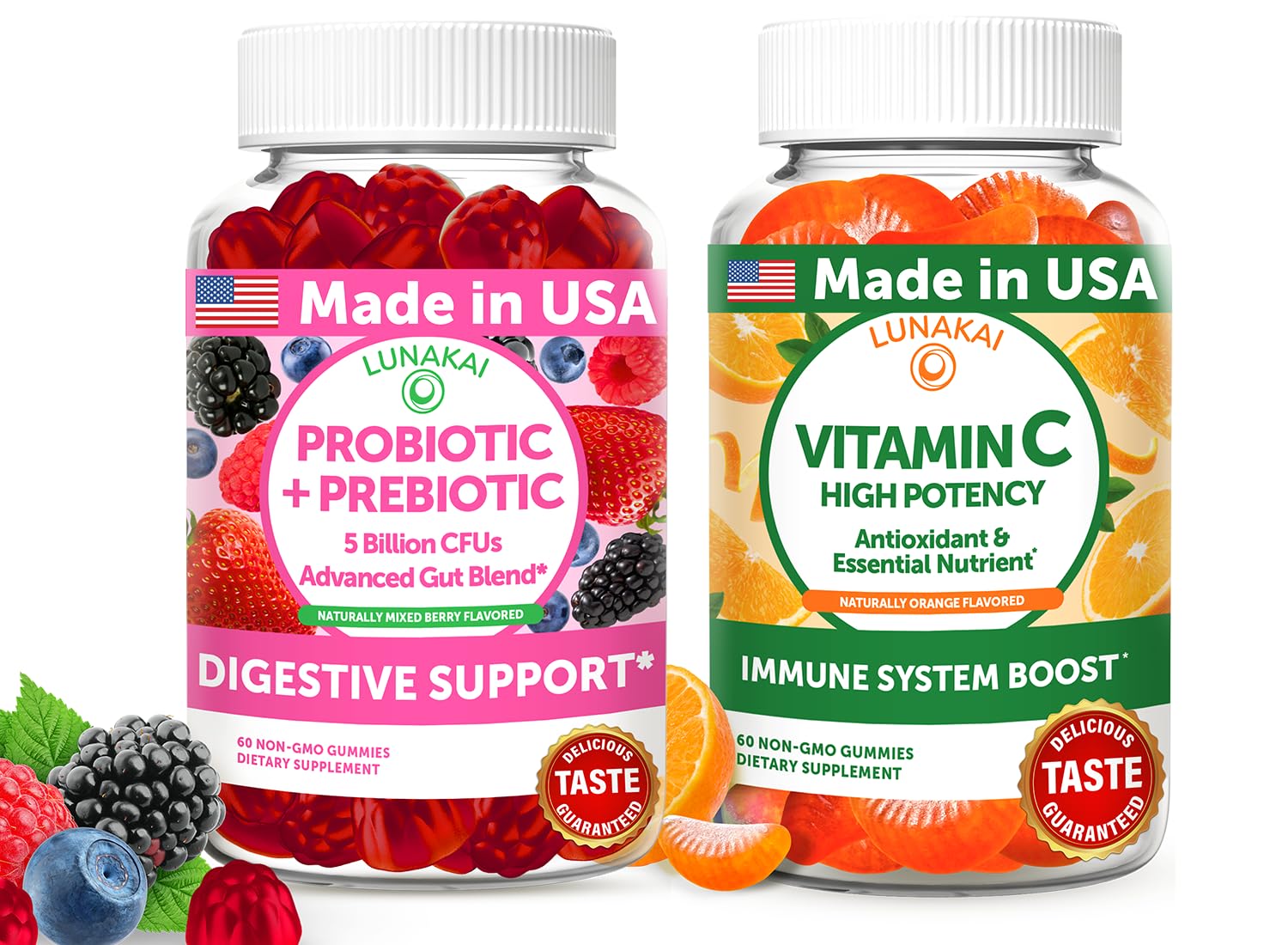 Lunakai Probiotic + Prebiotic & Vitamin C Gummies – Digestive Balance & Daily Antioxidant Support – 120 Gummies