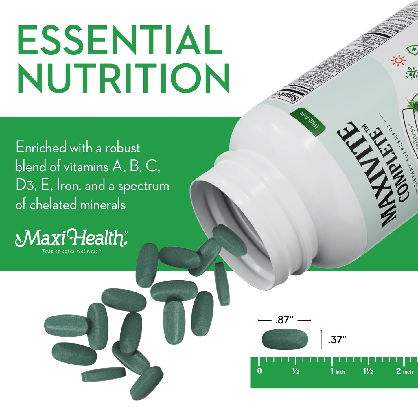 Maxi Health Complete Once Daily Multivitamin for Men & Women with Iron, Vitamin A, B1, B2, B3, B6, B12, C, D3, E, Zinc, 90 Tablets