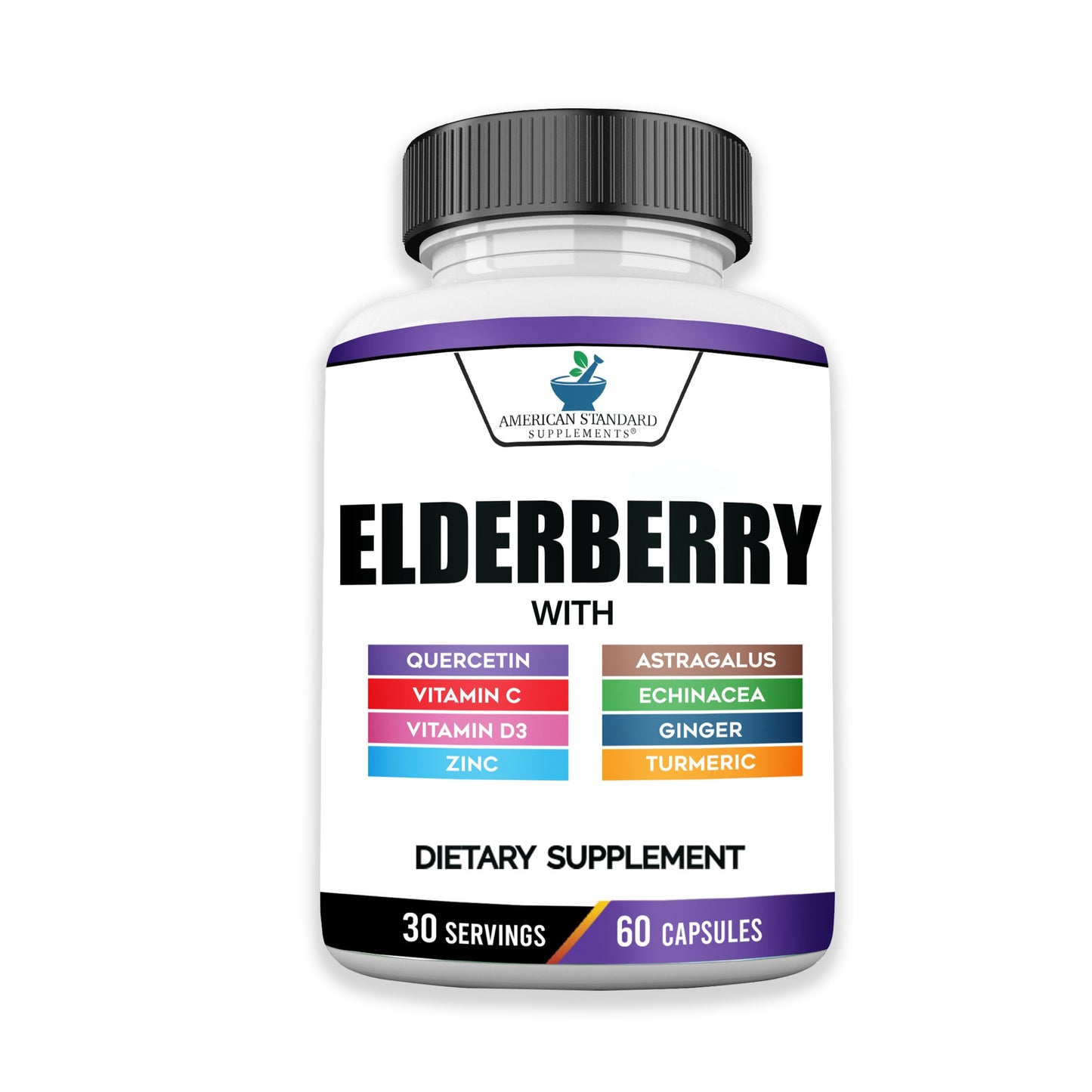 American Standard Supplements Elderberry Extract with Quercetin, Vitamin C, D3, Ginger, Zinc, Turmeric, Astragalus and Echinacea Capsule, 60 Count