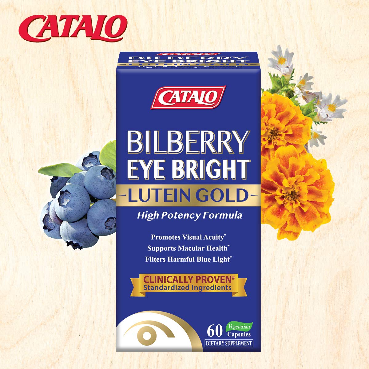 CATALO Bilberry Eyebright Extract Gold Eye Vitamins with Bilberry Lutein and Zeaxanthin, 60 Capsules