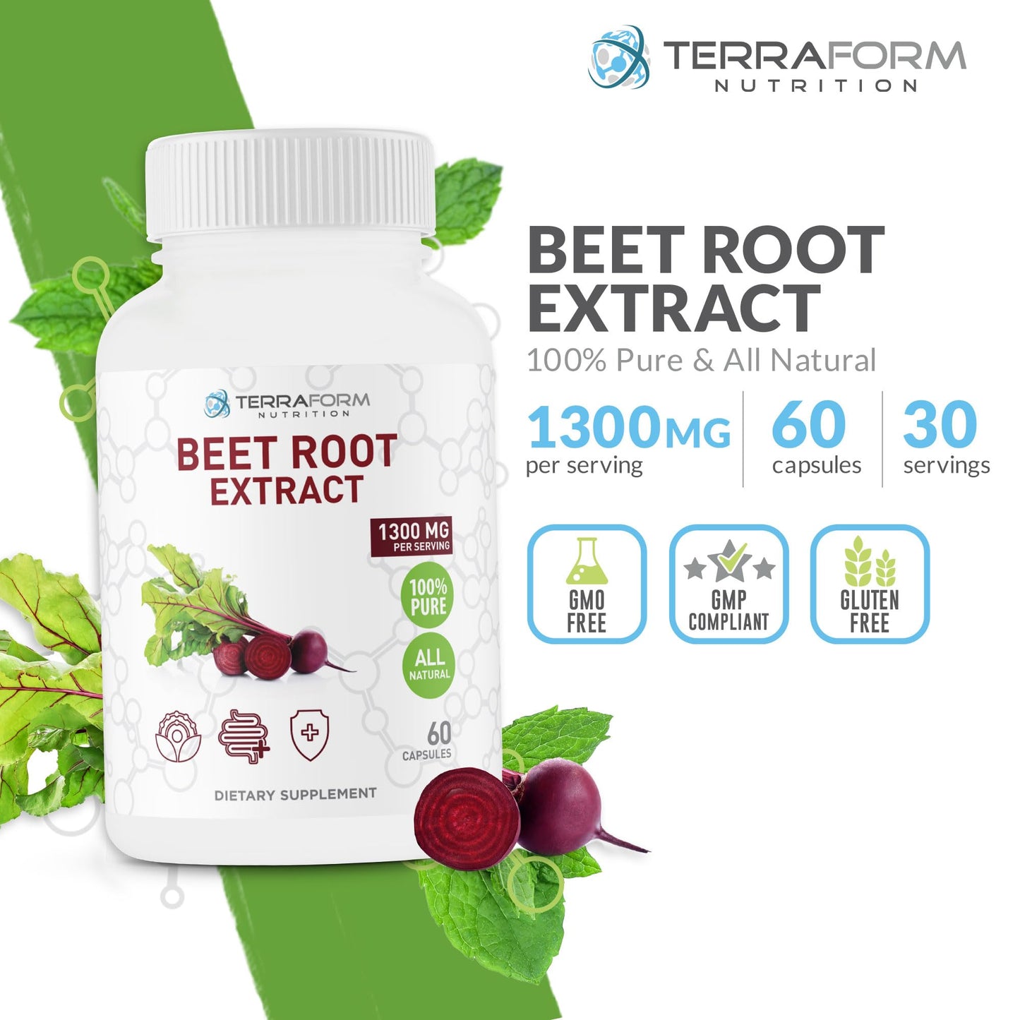 TerraForm Nutrition Red Beetroot Extract 1300mg per Serving – 60 Capsules