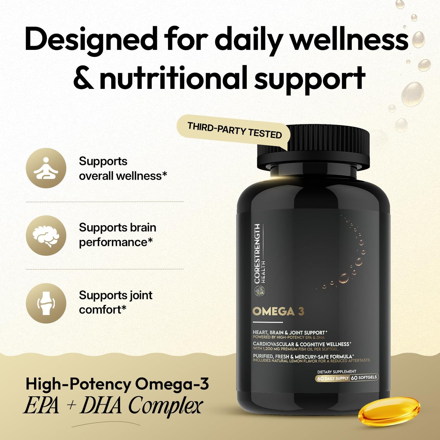 CoreStrength Health LLC Omega 3 Fish Oil 1200 mg | 720 mg EPA & DHA per Capsule | Responsibly Sourced Anchovy | Purified, Third-Party Tested | Non-GMO, Gluten Free, Soy Free | 60 Capsules