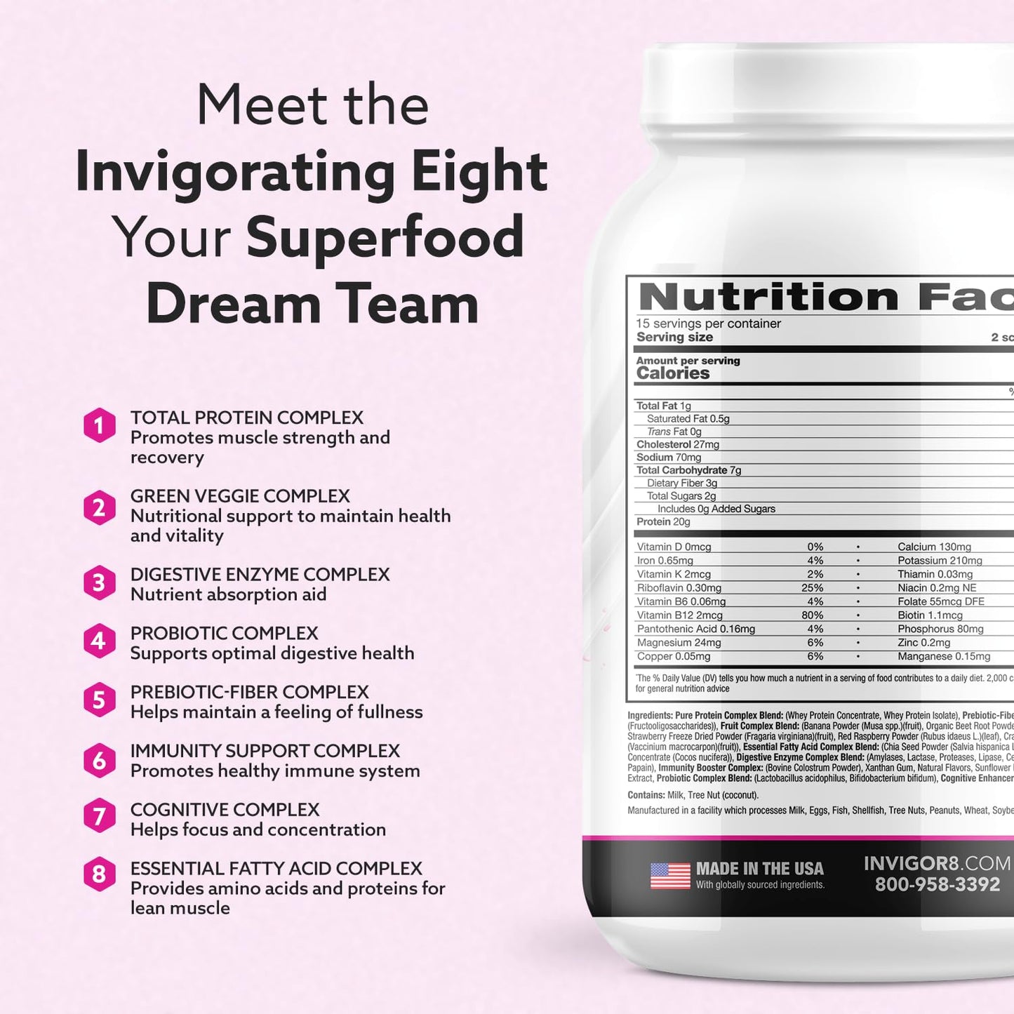INVIGOR8 Superfood Grass Fed Whey Protein Isolate Shake Natural Strawberry Powder 22.6 oz