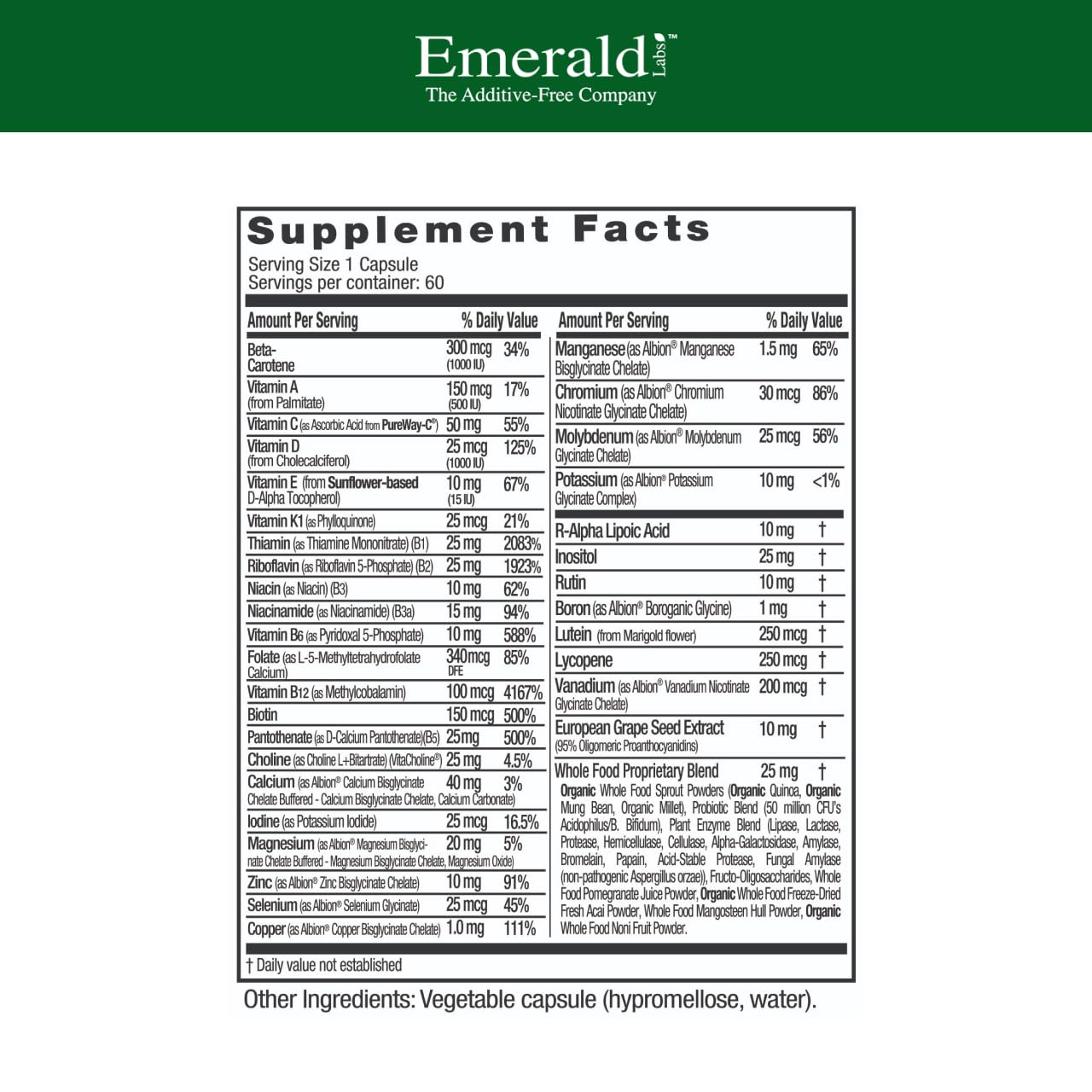 Emerald Labs Complete 1-Daily Multi - Complete Multivitamin for Men & Women with Vitamin C, Methylated Folate, Whole-Food Blend & More for Immune Support, Bone Health & More, 60 Vegetable Capsules