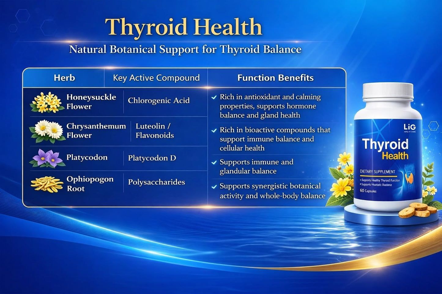 LIG Health Care Thyroid Health - Natural Herbal Supplement for Thyroid Nodules & Hormone Balance - Supports Metabolism & Immune Health with Honeysuckle & Selenium, 60 Capsules
