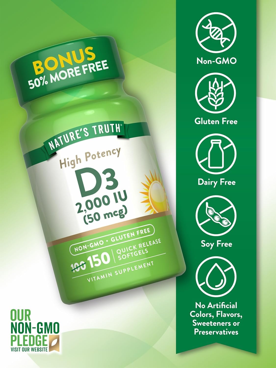 Nature's Truth Vitamin D3 2000 IU Softgels, 150 Count