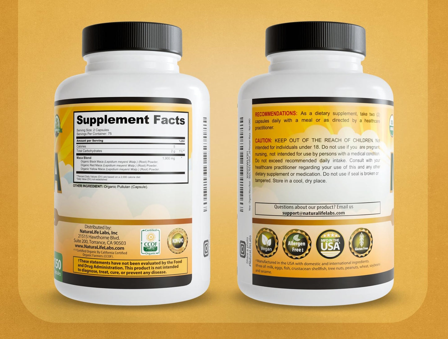 NaturaLife Labs Organic Maca Root – Black, Red & Yellow – 1900 mg per Serving – Gelatinized Peruvian Maca – Non-GMO, Gluten-Free, Vegan, Capsules, 300 Count