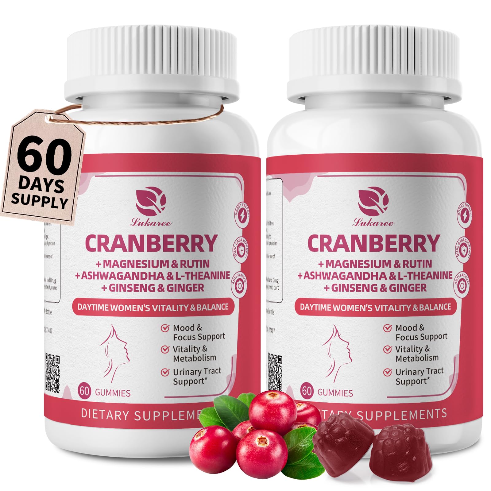 Lukaree Cranberry Gummies for Women - Urinary Tract, Mood, Energy, 120 Gummies