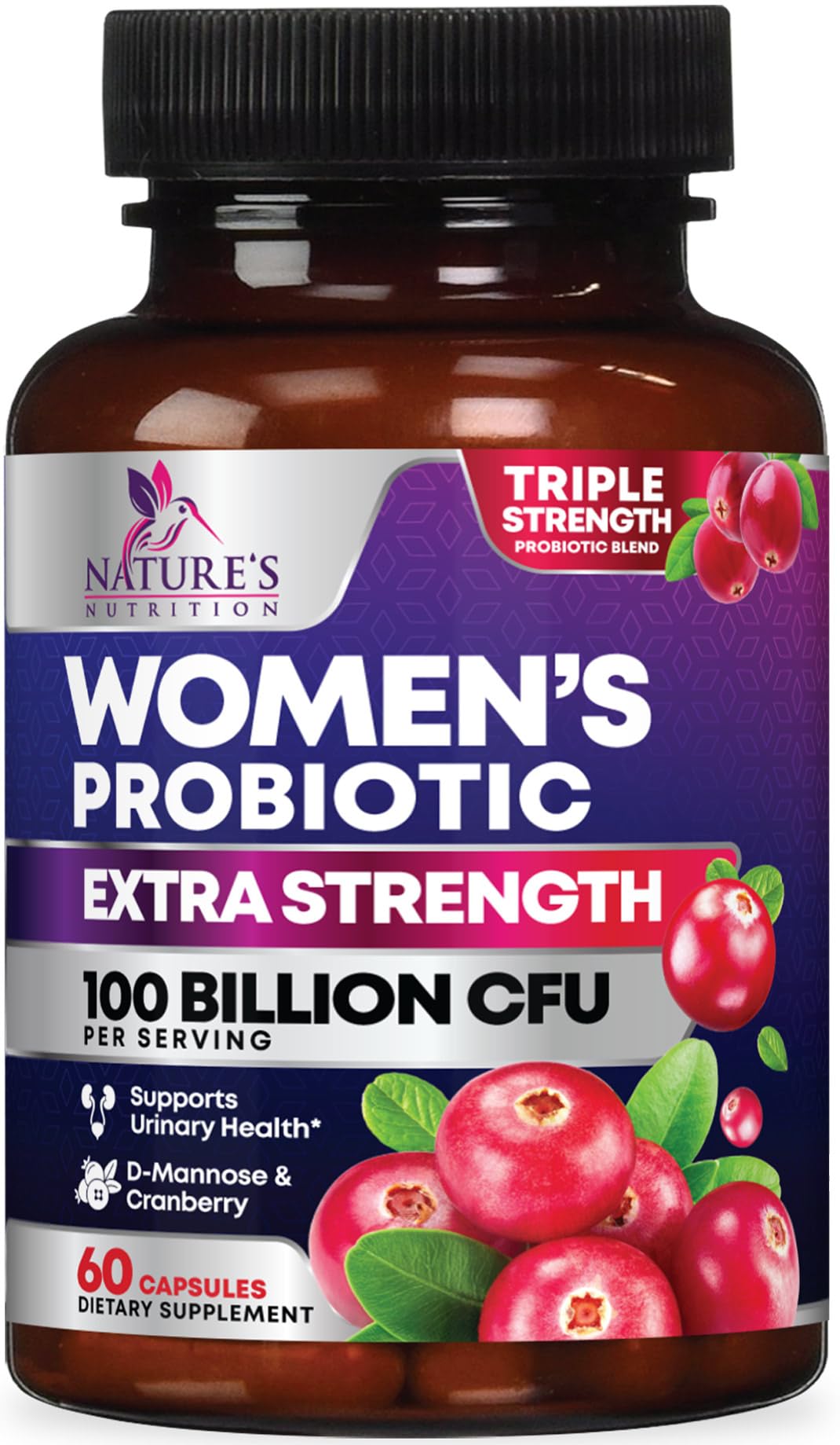Nature's Nutrition Probiotics for Women Probiotic Blend 100 Billion CFU Per Serving, 16 Strains, Cranberry & Prebiotics Capsule, 60 Capsules
