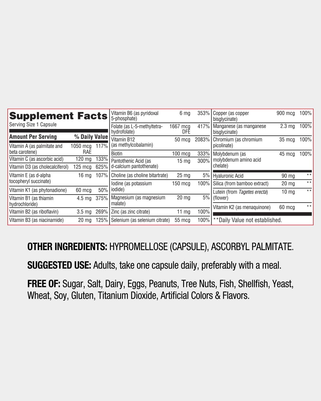Nature's Lab Red Rocker Essentials Women's Multi with Methylated B12 & Folate, Hyaluronic Acid, Silica & 5000 IU D3 Capsules, 30 Count