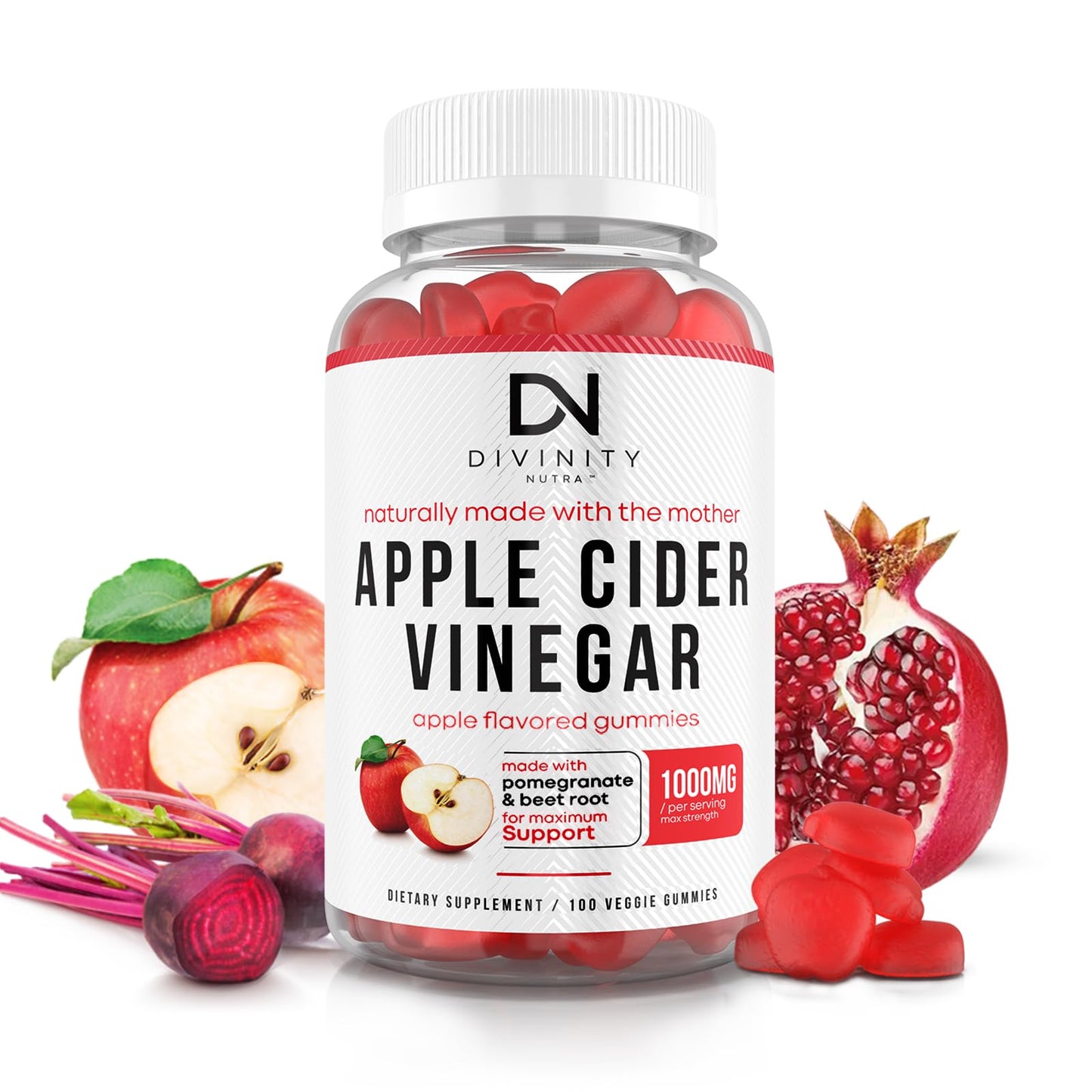 Divinity Nutra Apple Cider Vinegar Gummies with Mother, Detox & Weight Loss Support, with B12, B6, Pomegranate & Beet Root, 100 Gummies