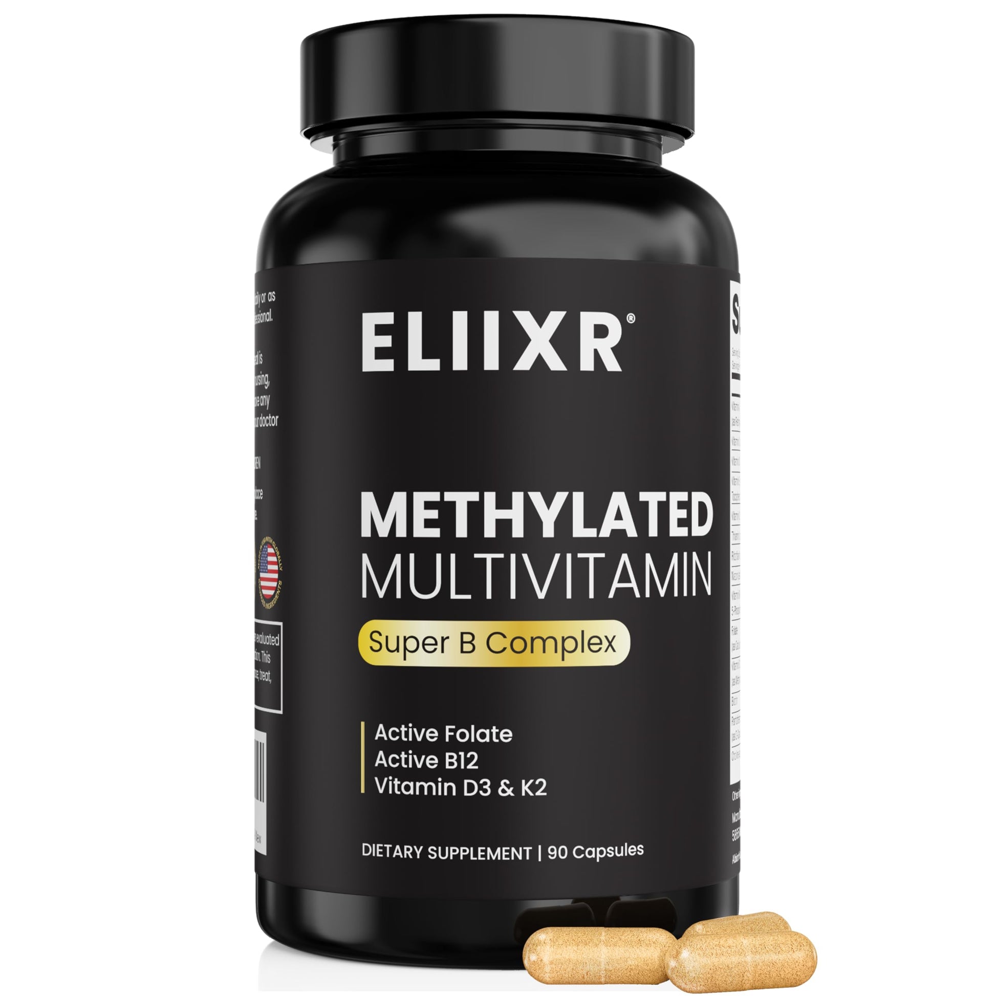 Eliixr Methylated Multivitamin Iron Free – Active B Complex with Methyl B12 & 5-MTHF Folate, CoQ10, Zinc, D3, K2 – Energy, Brain & Metabolism – Daily Vitamin for Men & Women, 90 Capsules