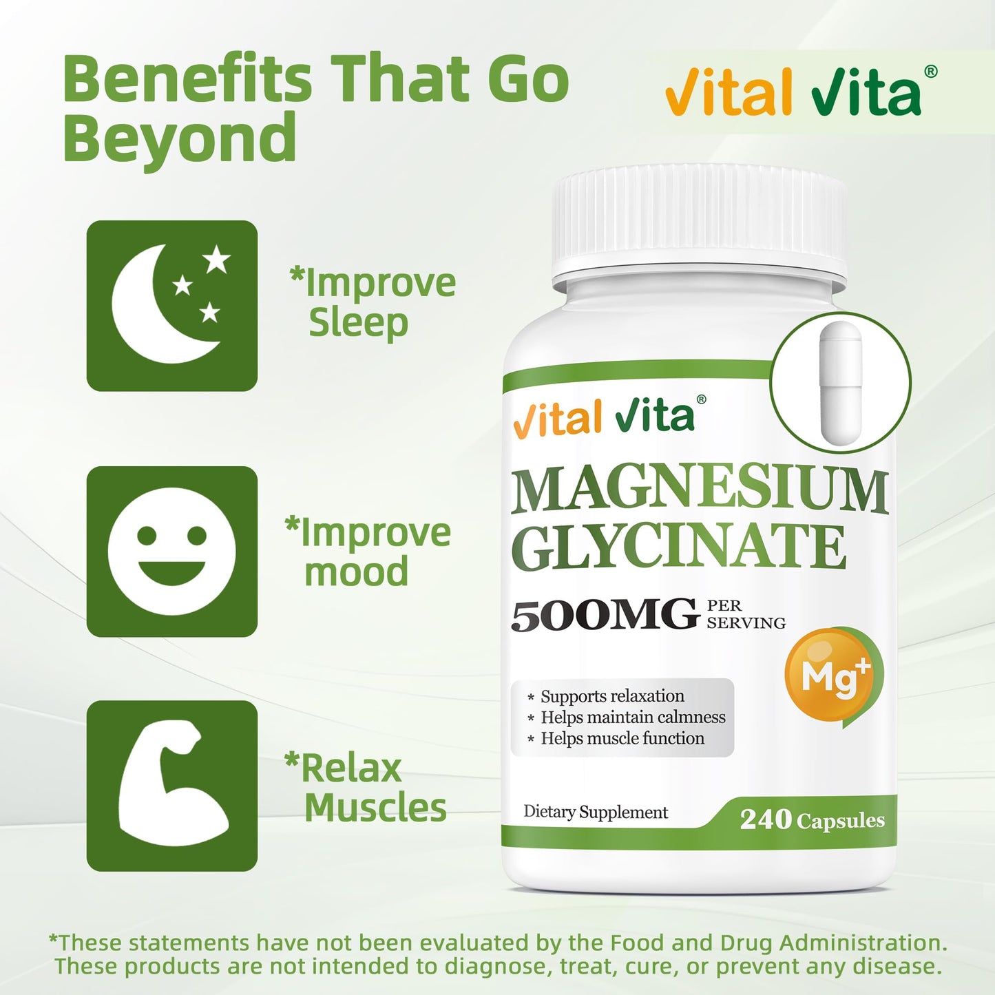 Vital Vita Magnesium Glycinate 500mg Capsules, 240 Capsules