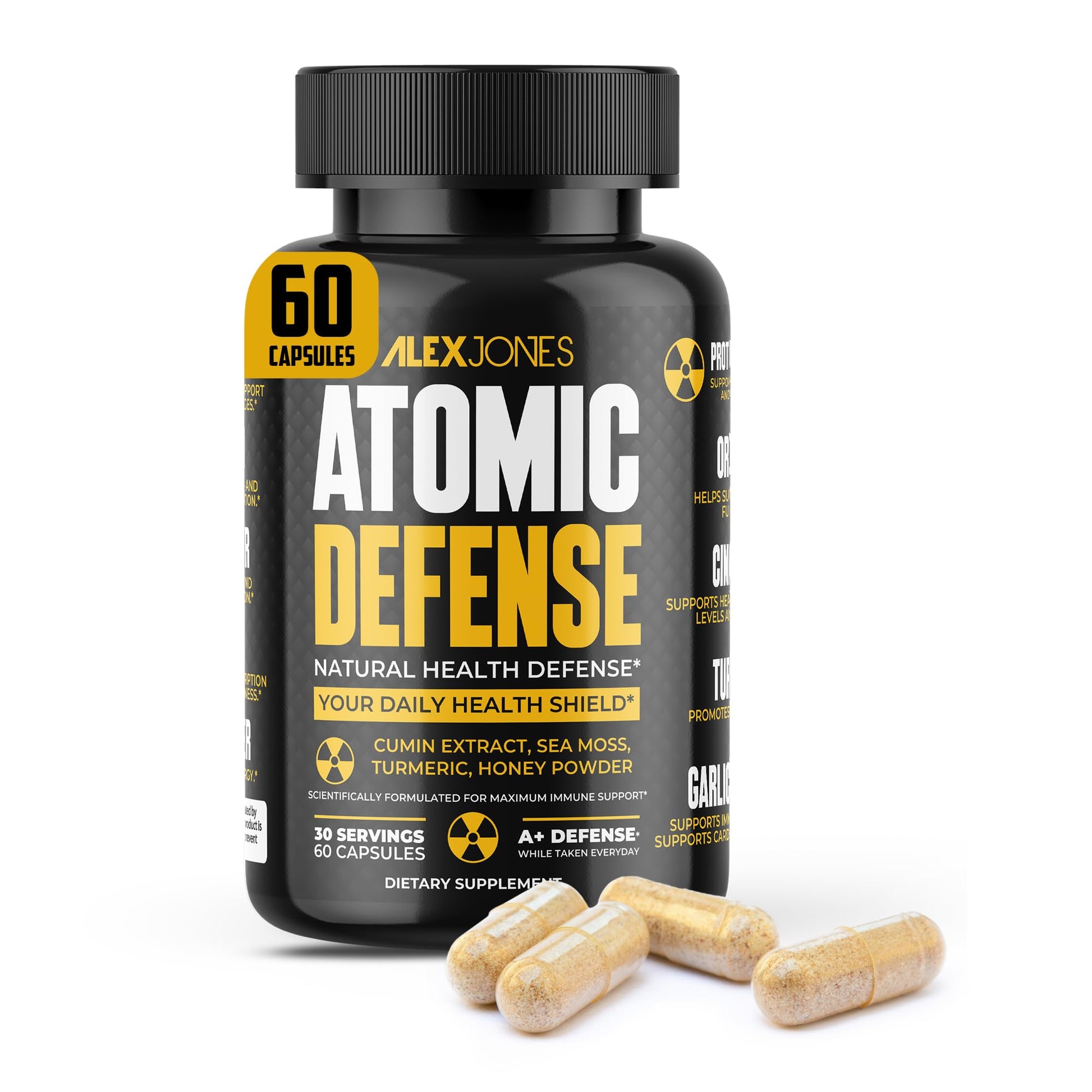 Alex Jones Naturals Atomic Defense – Natural Health Defense Formula - Organic Seamoss Capsules w/Cumin Extract, Turmeric & Honey Powder – Plant-Based Herbal Supplements for Immune Support – 60 Count