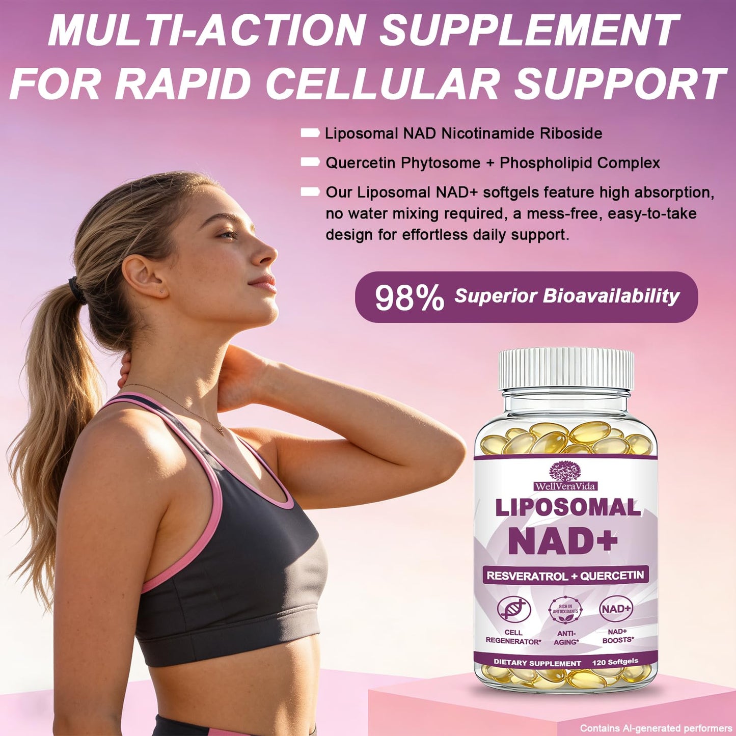 WellVeraVida NAD+ Supplement for Women, Liposomal Nad Plus Resveratrol, NMN Alternative Softgel 120 Count