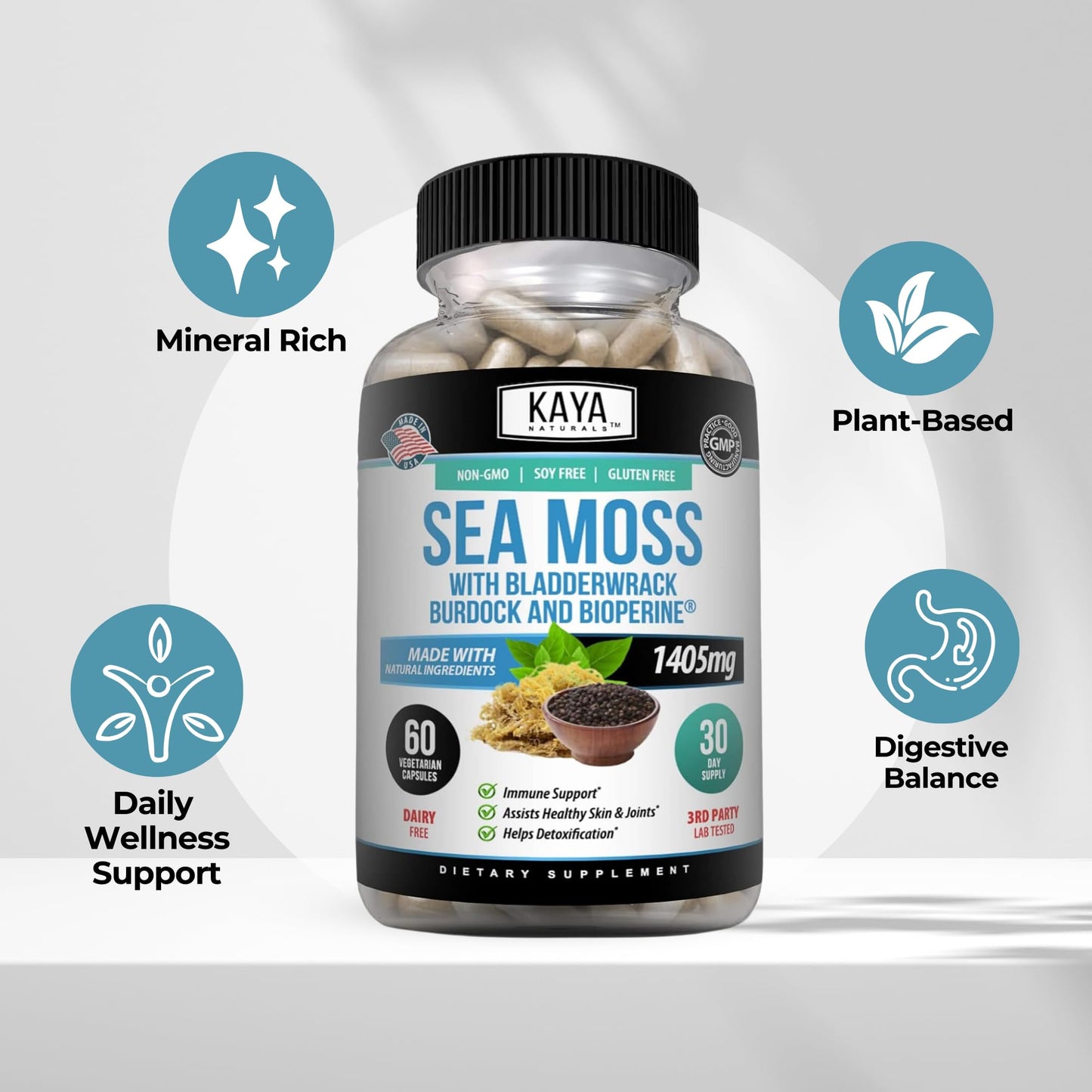 Kaya Naturals Sea Moss Mobility Supplement with Burdock Root, Irish Moss, Bladderwrack, and BioPerine - for Mobility Health and Immune Boost, 60 Capsules
