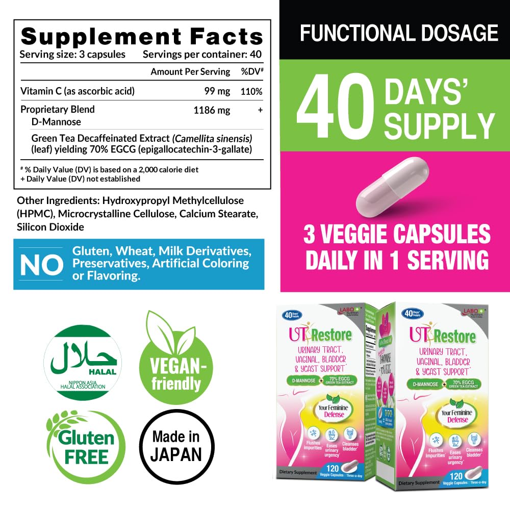 LABO Nutrition UTRestore D-Mannose Green Tea EGCG Capsules 120 Count