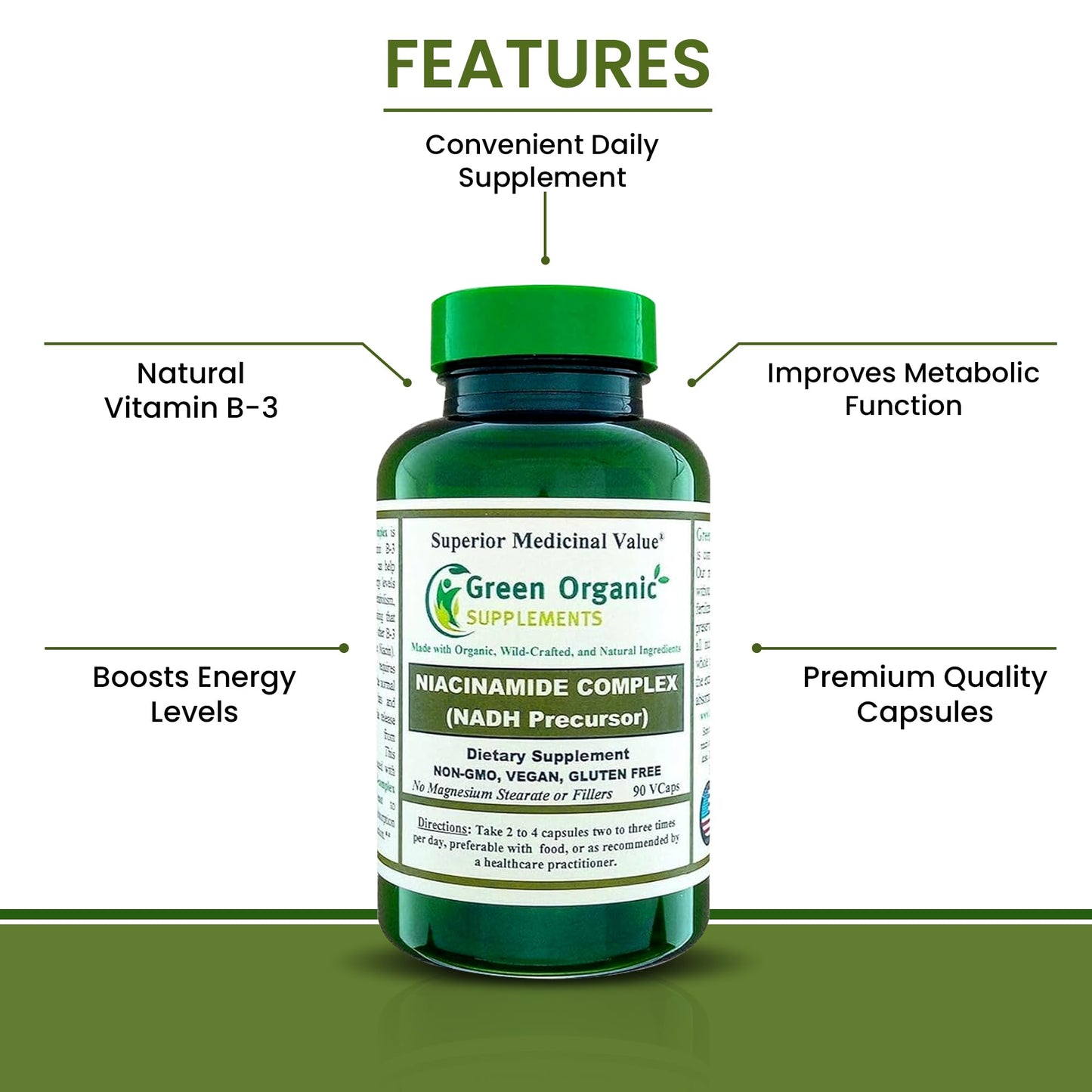 Green Organic Supplements Niacinamide Niacin NAD NADH High Absorbable Capsule 90 Count