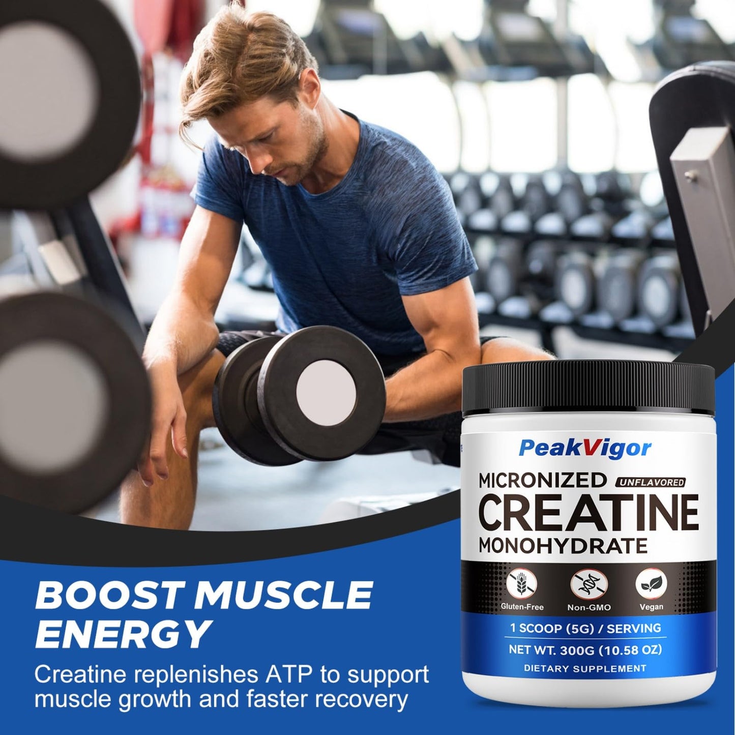 PeakVigor Organics 100% Pure Micronized Creatine Monohydrate Powder, 5000mg per Serving, 60 Servings