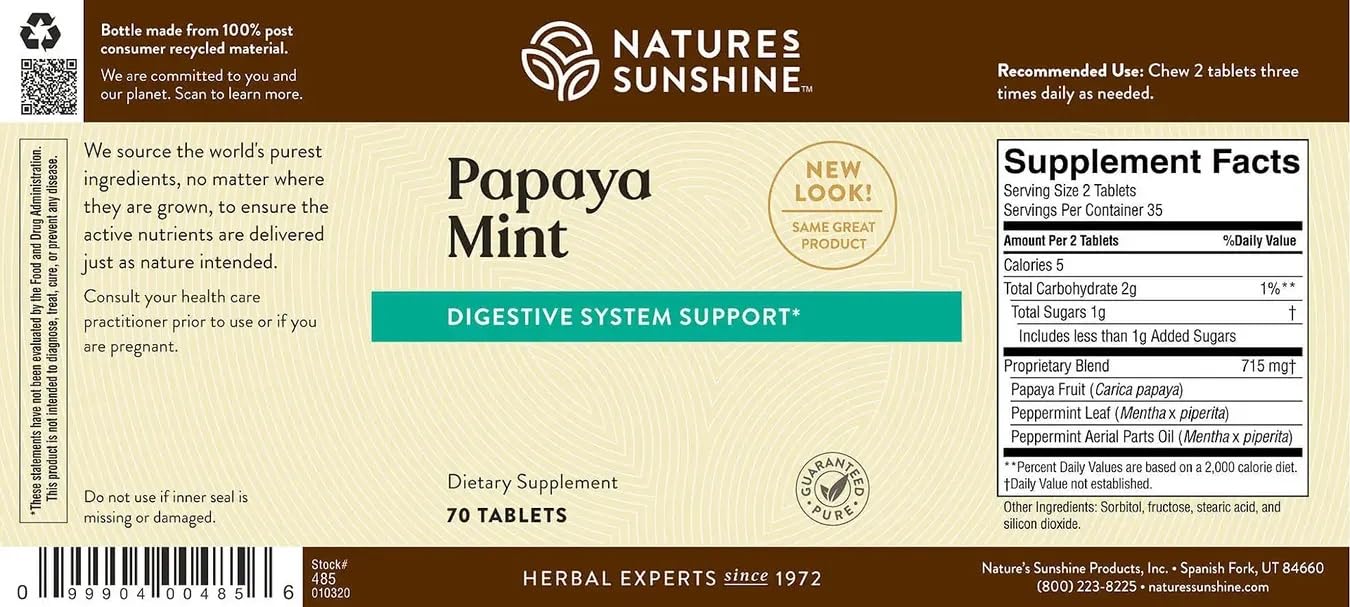 Nature's Sunshine Papaya Mint Chewable Tablets 70 Ct