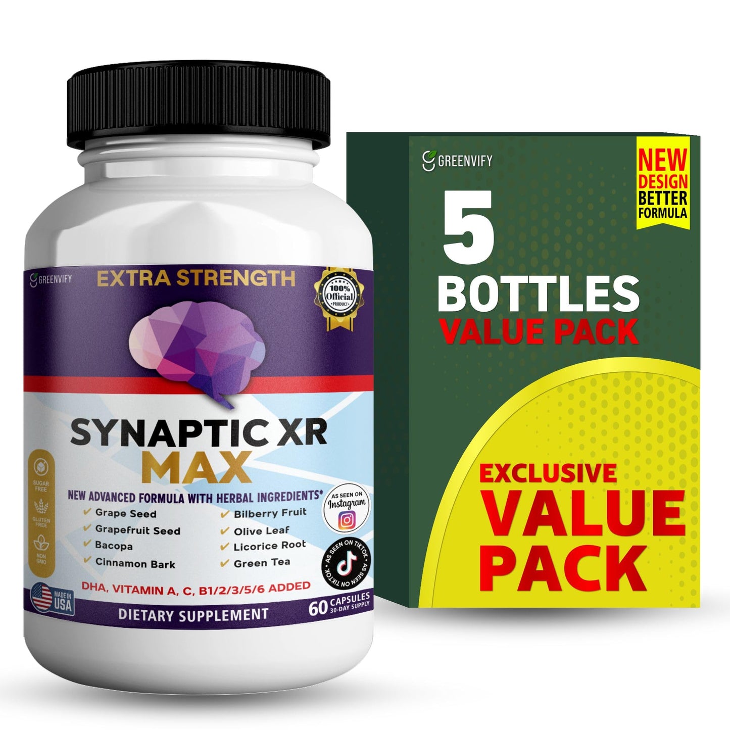 GREENVIFY Synaptic XR Max Extra Strength Brain Support Supplement with Herbal Ingredients, 60 Capsules