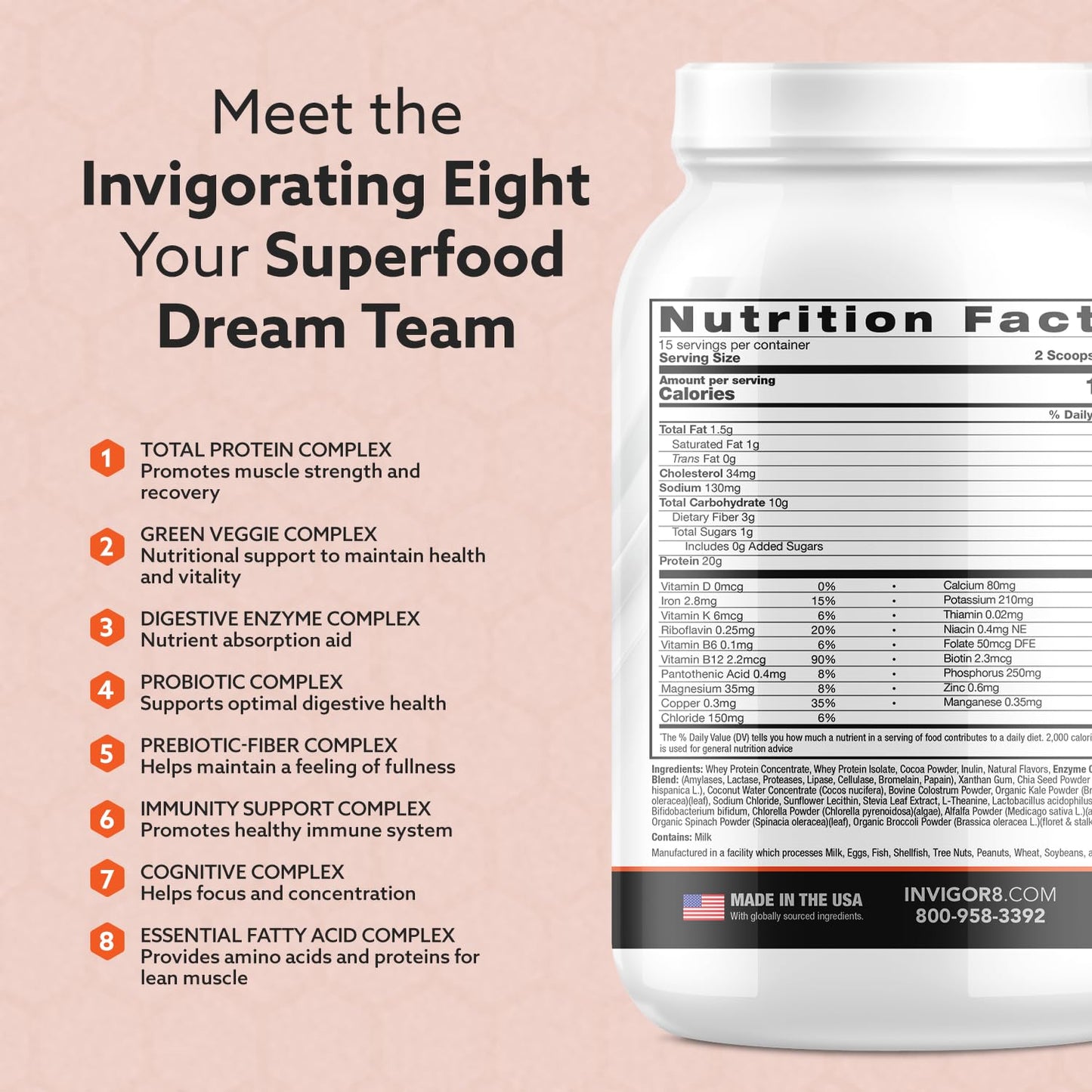 INVIGOR8 Superfood Grass Fed Whey Protein Isolate Shake Chocolate Brownie Powder 22.75 oz