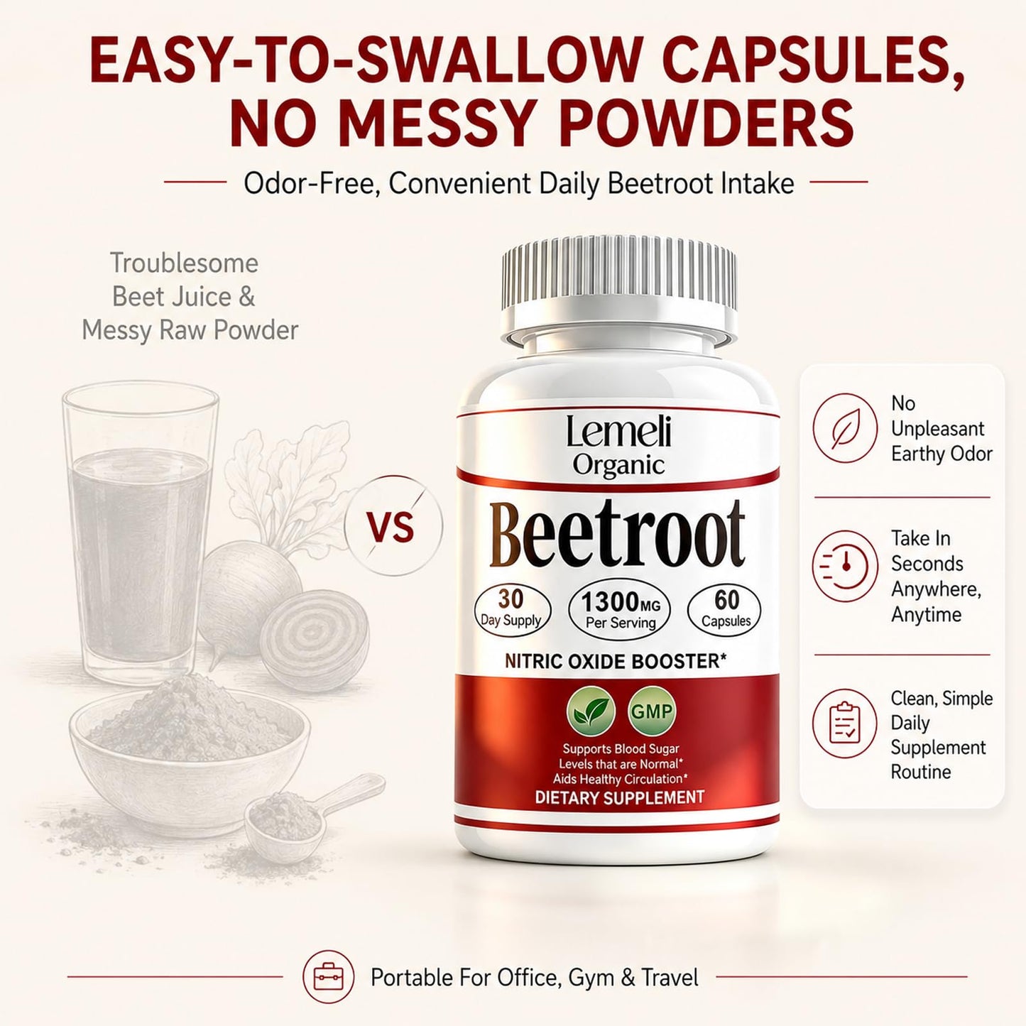 Lemeli Organic Beet Root Capsules 1300mg – Beetroot Organic Powder Extract Supplement, Energy, Circulation & Stamina – Non GMO, Gluten Free, Plant Based, 60 Capsules
