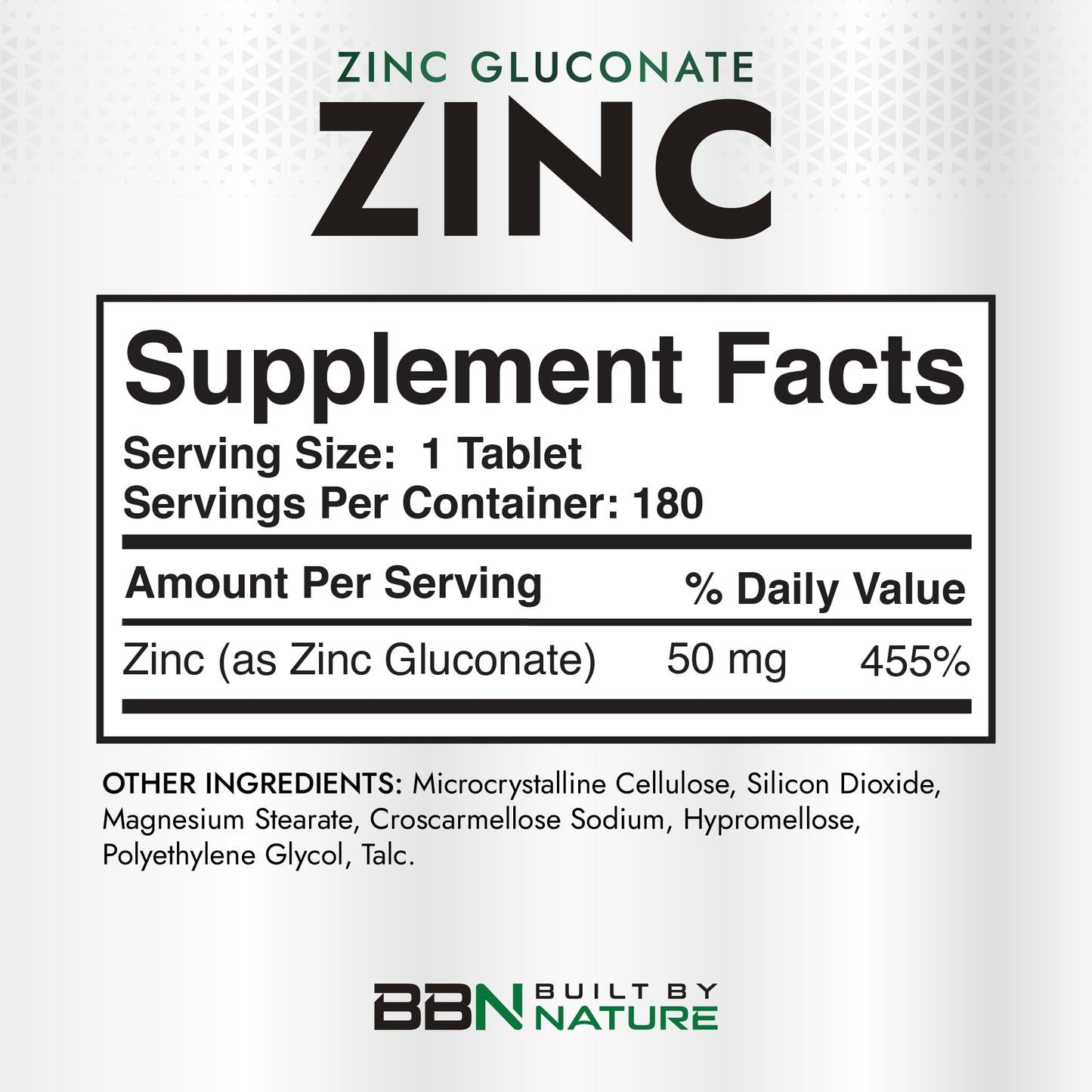Built by Nature Zinc 50 mg (Zinc Gluconate), Immune & Antioxidant Support, 180 Tablets