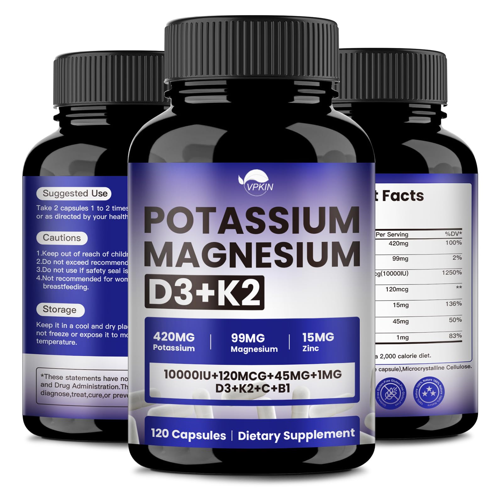 VPKIN Potassium Magnesium Zinc & D3 K2 Supplement Capsules, 120 Count