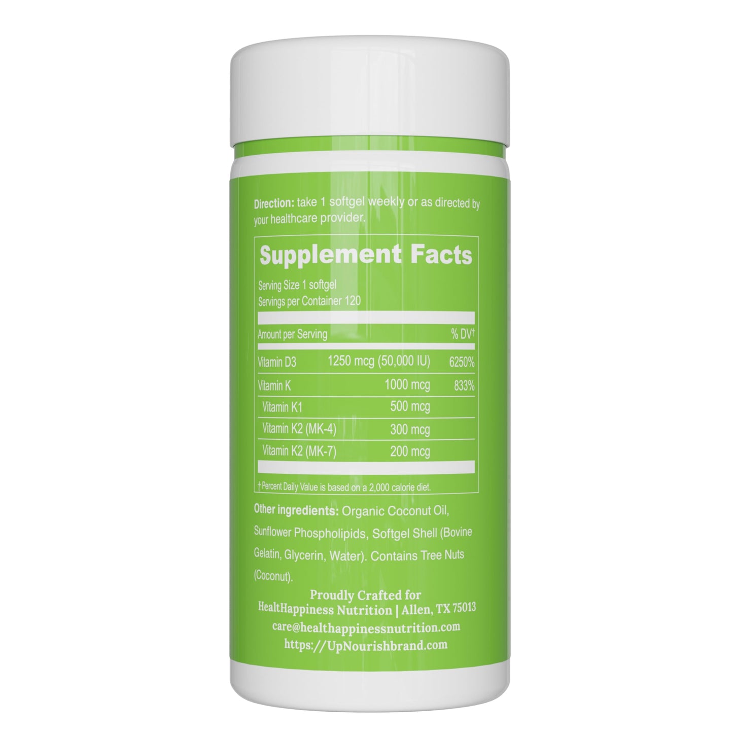 UpNourish Liposomal Vitamin D3 50000 IU with 1000 mcg Vitamin K, High Dose Vitamin D3 K2 with K1, K2 MK-4 and MK-7 Softgel 120