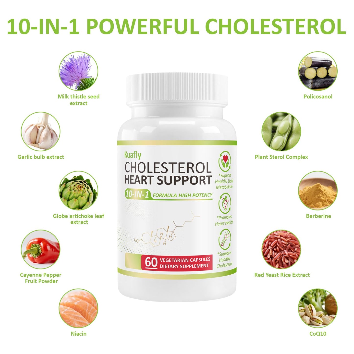 KUAFLY Cholesterol Lowering Supplements & Heart Support with Plant Sterols, Niacin, Red Yeast Rice, 180 Capsules