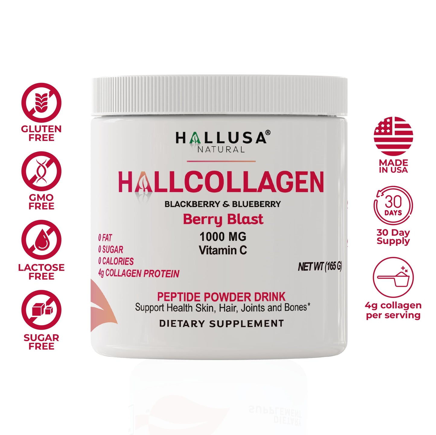 Hallusa Natural HallCollagen Collagen Peptides + Vitamin C Berry Blast Flavor, 5.82 oz Powder