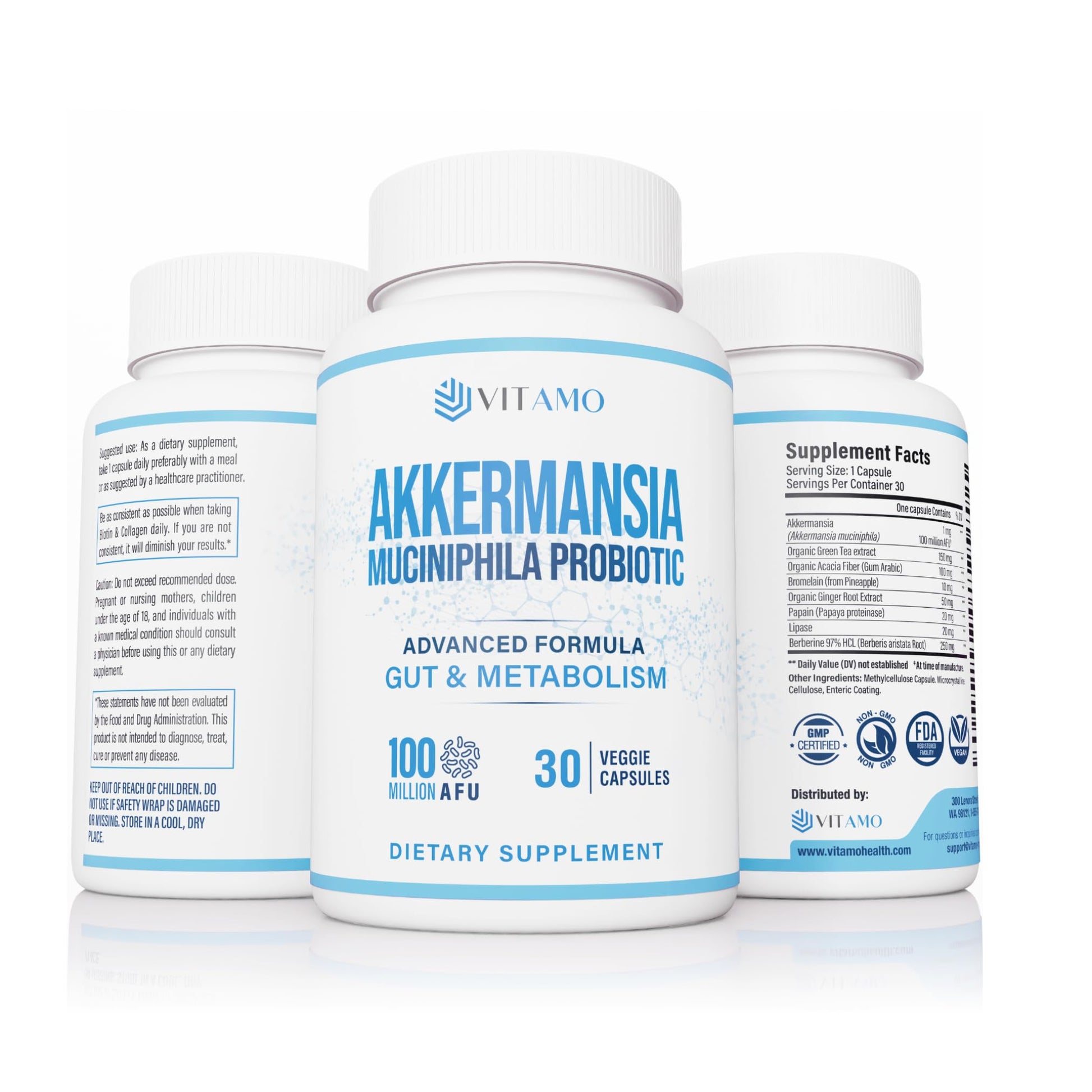 Vitamo Akkermansia Probiotic & Berberine GLP-1 Support Supplement – 100 Million AFU Probiotic for Gut Health & Metabolic Balance with Green Tea, Acacia Fiber & Enzymes, 30 Capsules