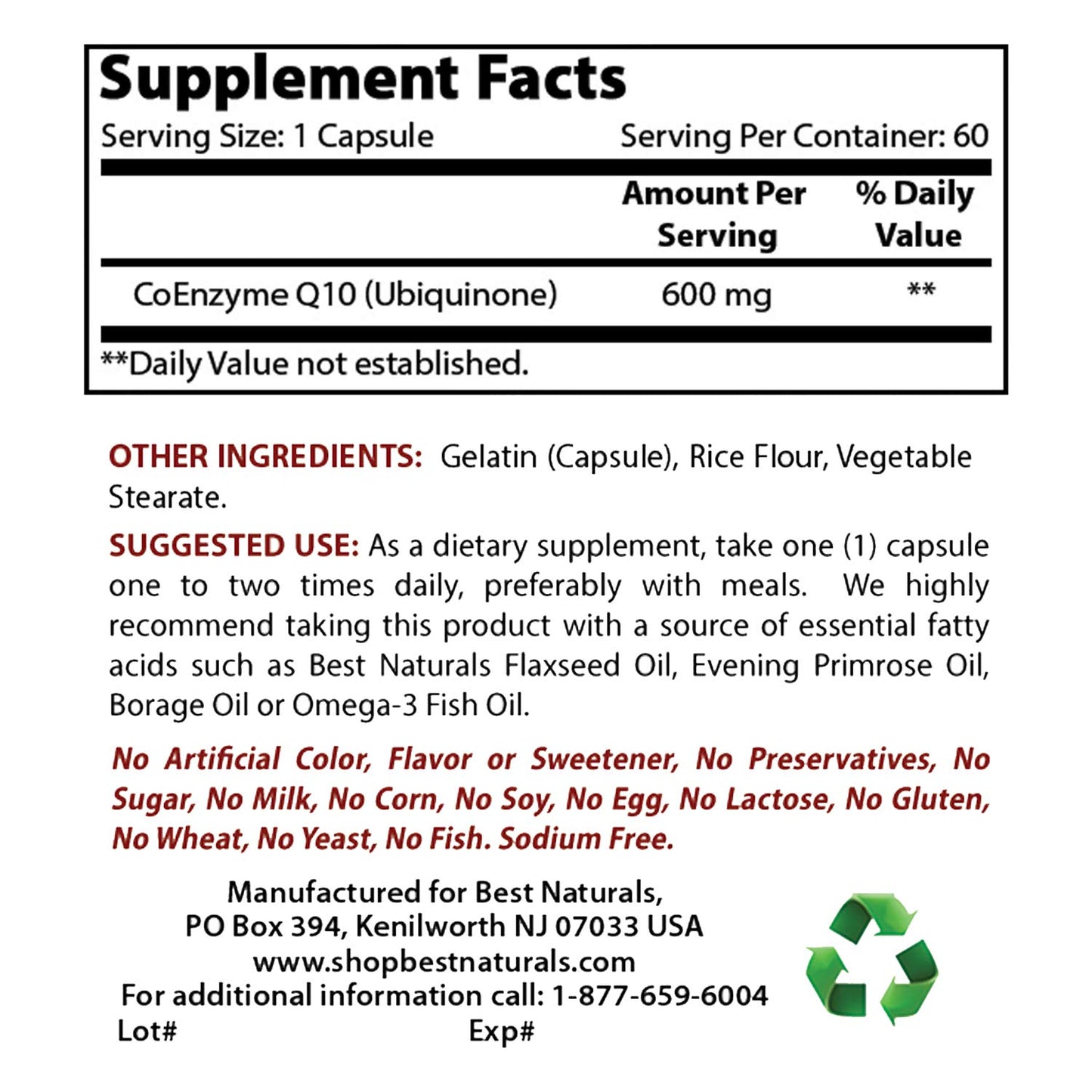 Best Naturals Acetyl L-Carnitine and Alpha Lipoic Acid 750 mg and CoQ10 600 mg 60 Capsules