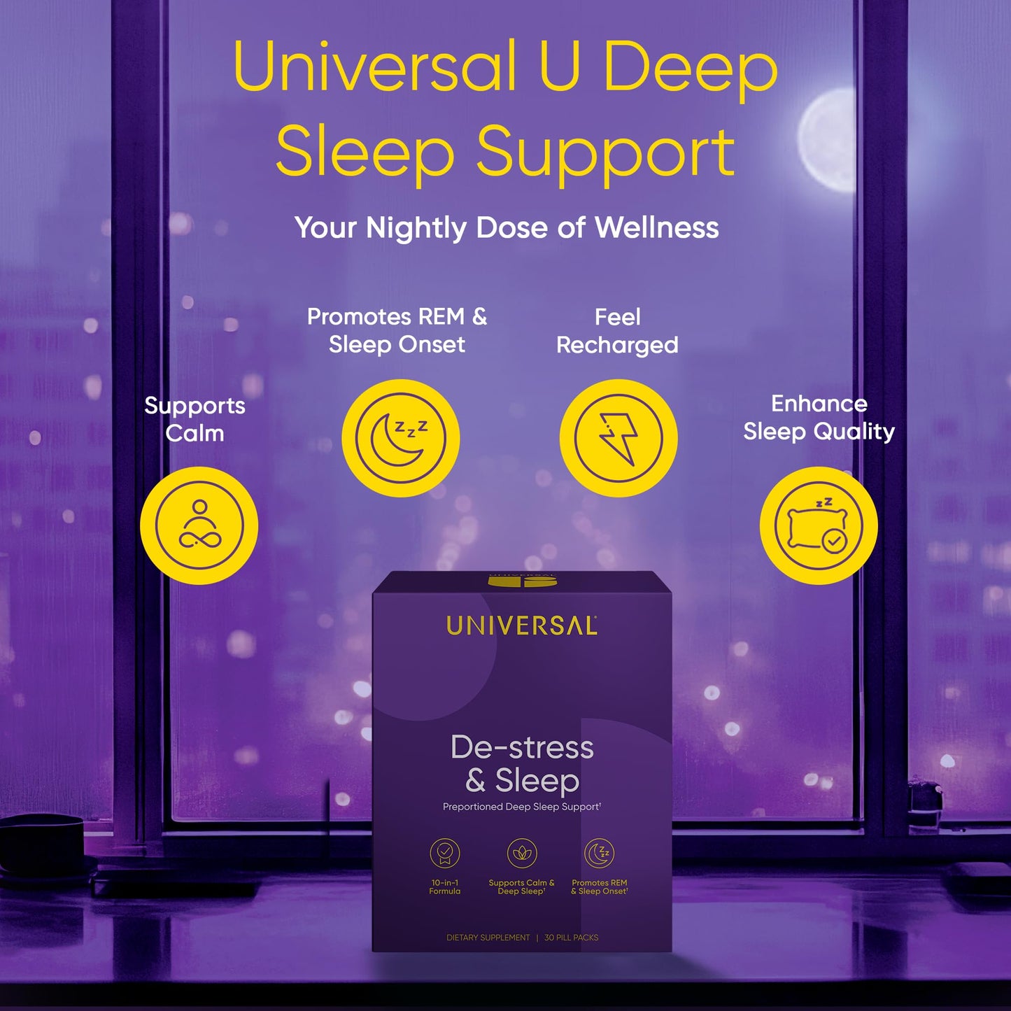 Universal U De-Stress & Sleep Supplement 10-in-1 Natural Sleep Aid Capsules 30 Count