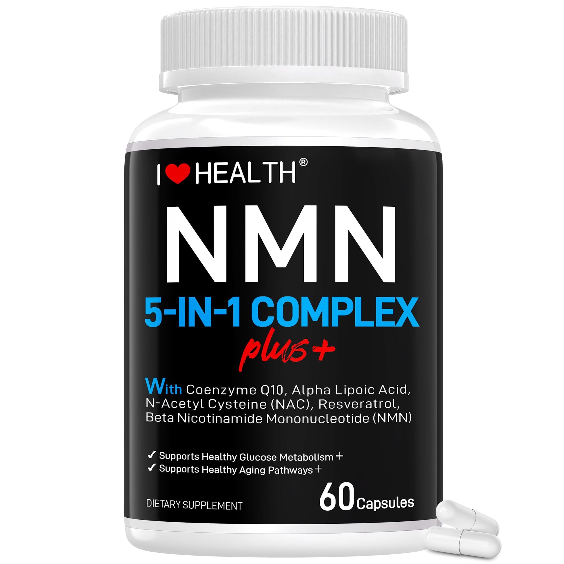 I LOVE HEALTH NMN Complex Plus+ for Women & Men with NAC, Alpha Lipoic Acid, CoQ10 & Resveratrol – 5-in-1 Cellular Energy & Healthy Aging Support – 60 Capsules