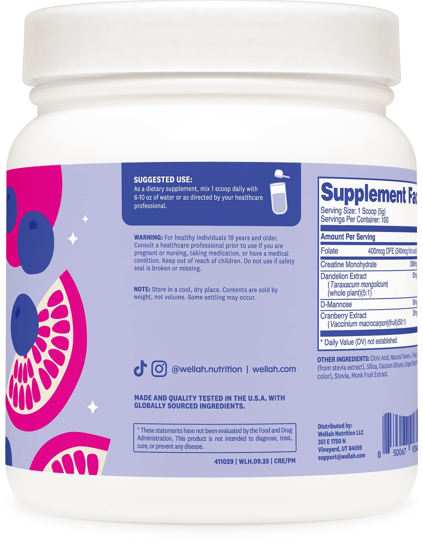 Wellah Creatine for Women - Creatine Monohydrate with Dandelion & Cranberry Extract Powder 18.2