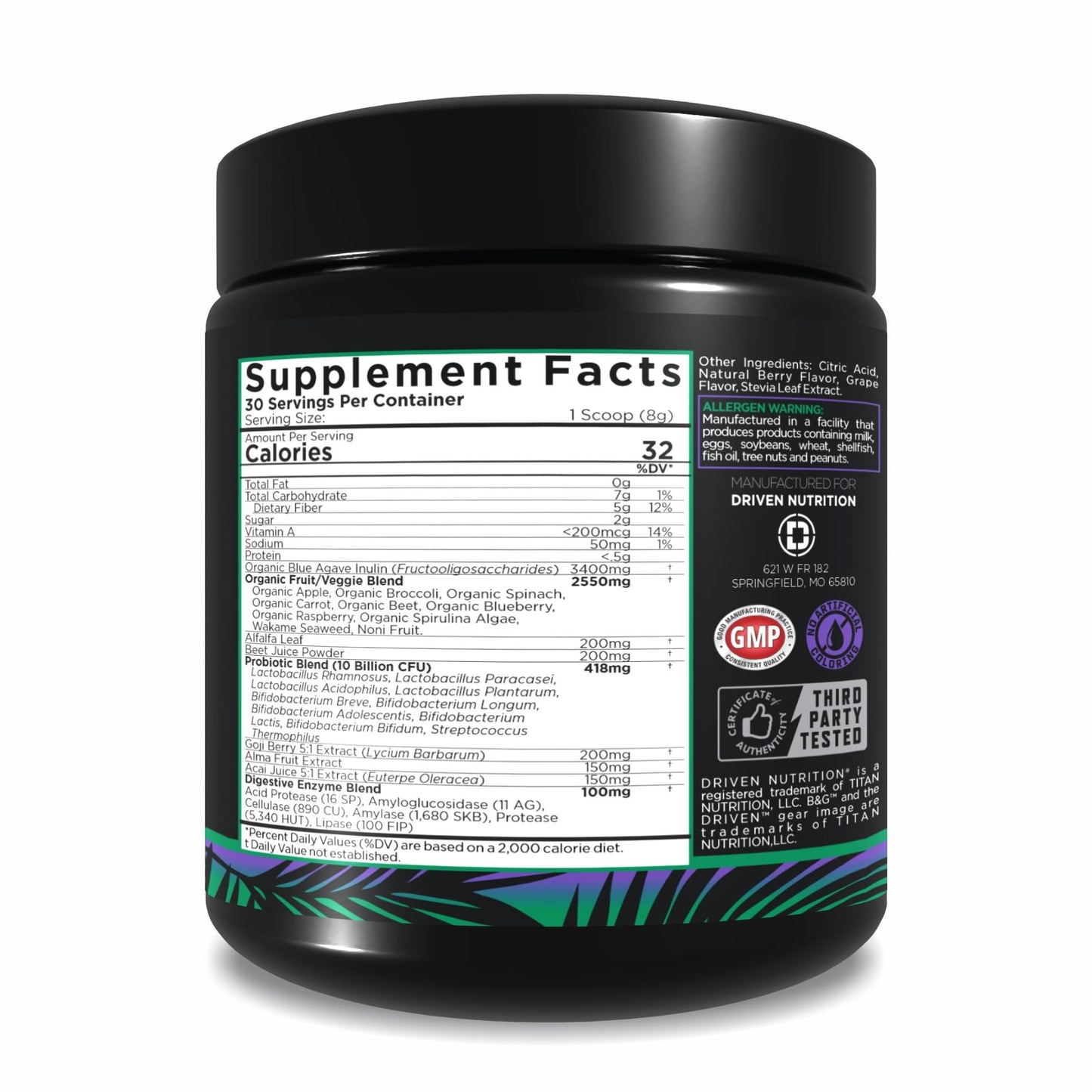 Driven Nutrition B&G Berries & Greens Superfood Powder, 8.47 Ounce